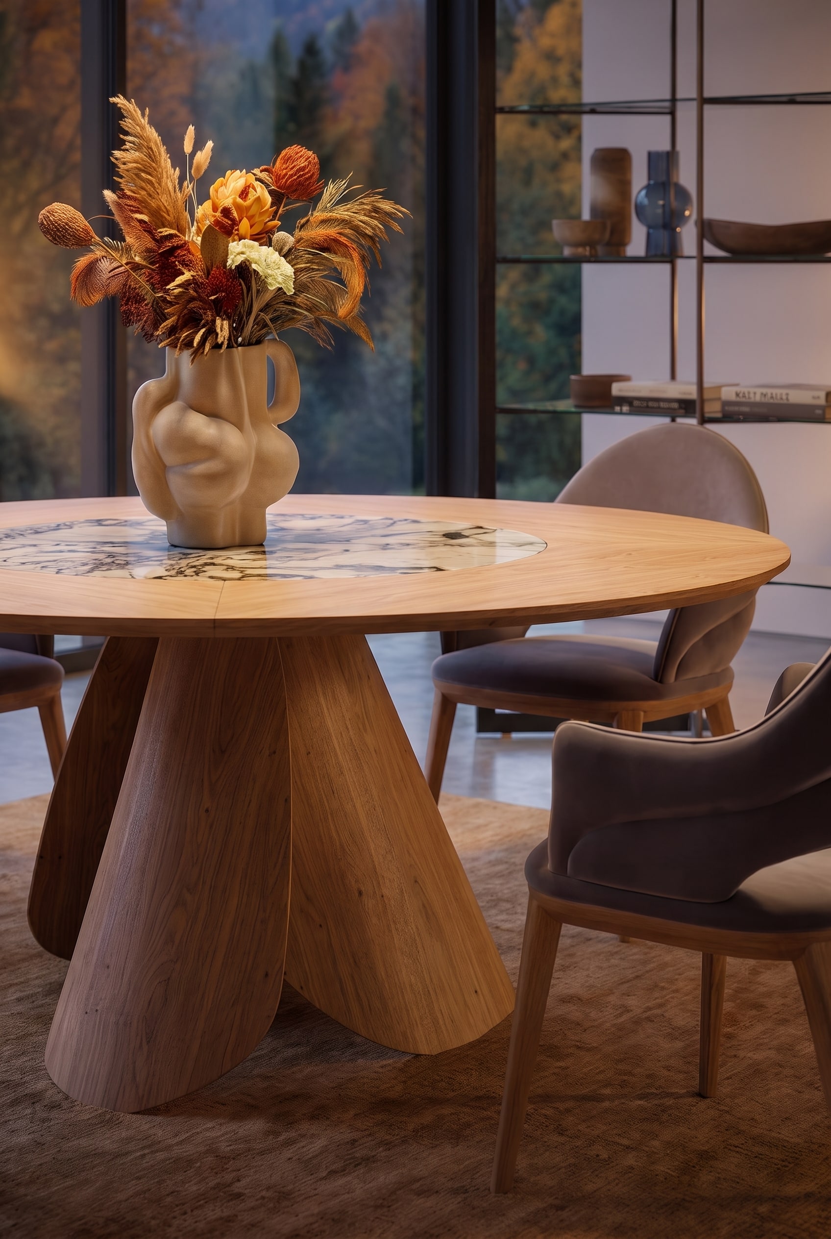 Round Designer Dining Table with a rotating ceramic top and elegant wooden frame
