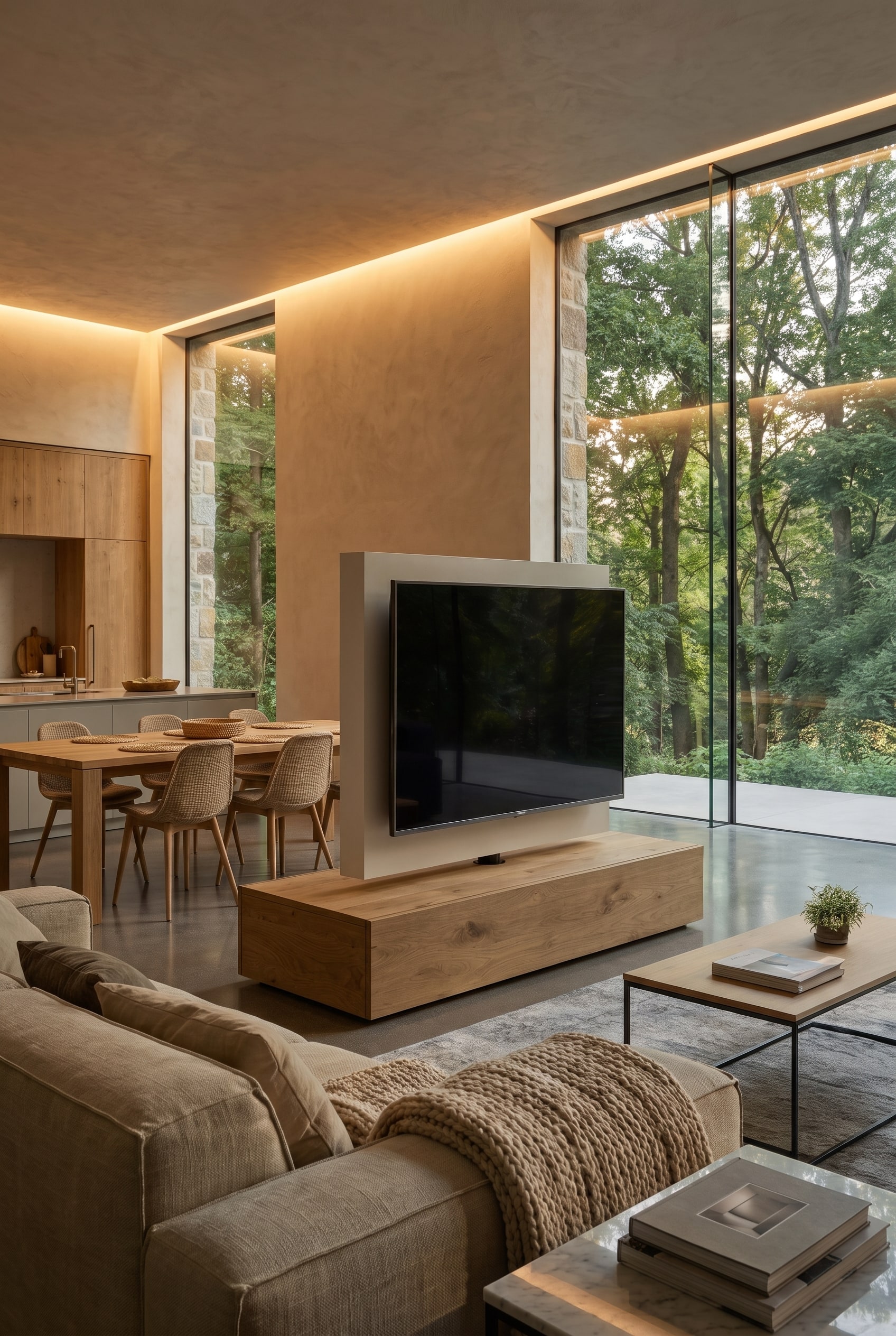 Modernes Wohnzimmer mit dem Livitalia Roto Lowboard und TV Raumteiler, das als zentrales Anker-M&ouml;belst&uuml;ck f&uuml;r verschiedene Einrichtungsstile fungiert.