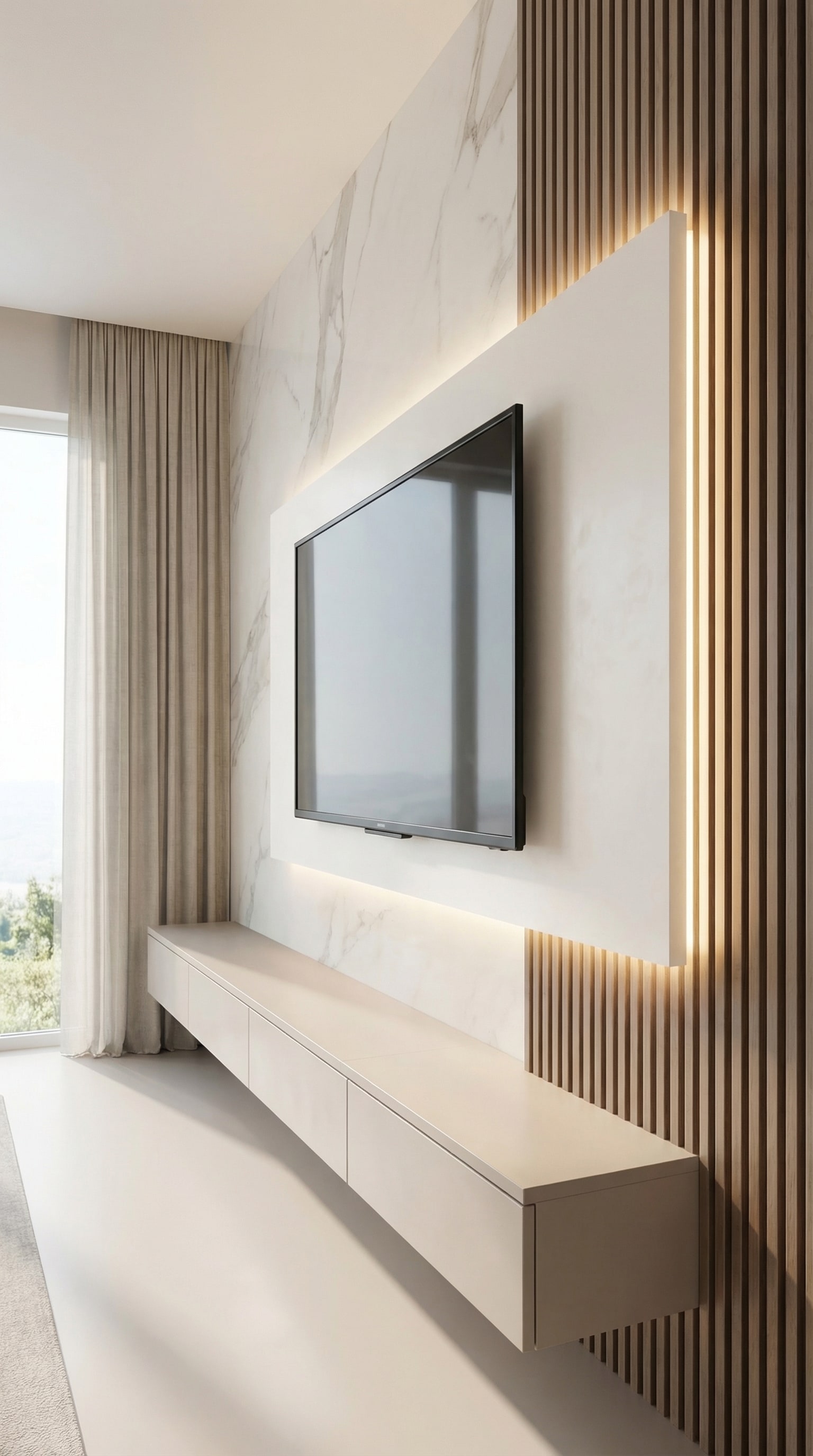 Ein elegantes TV Wandpaneel mit indirekter Beleuchtung