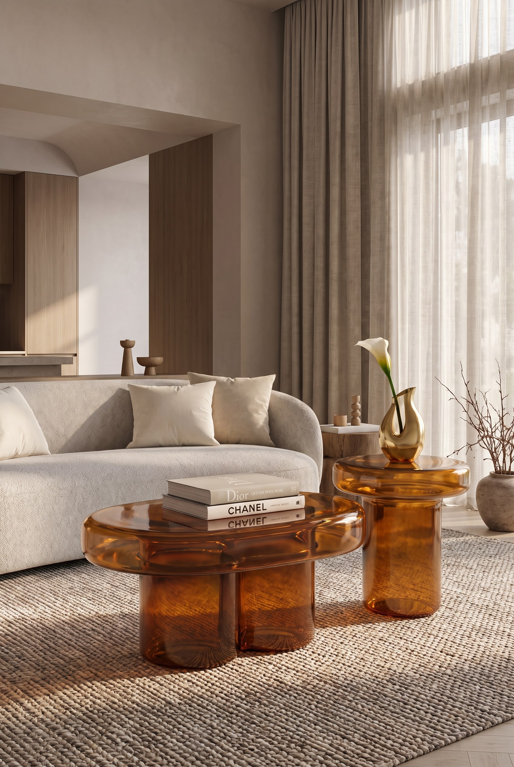 Living room with an oval coffee table made of amber glass and a light, rounded sofa