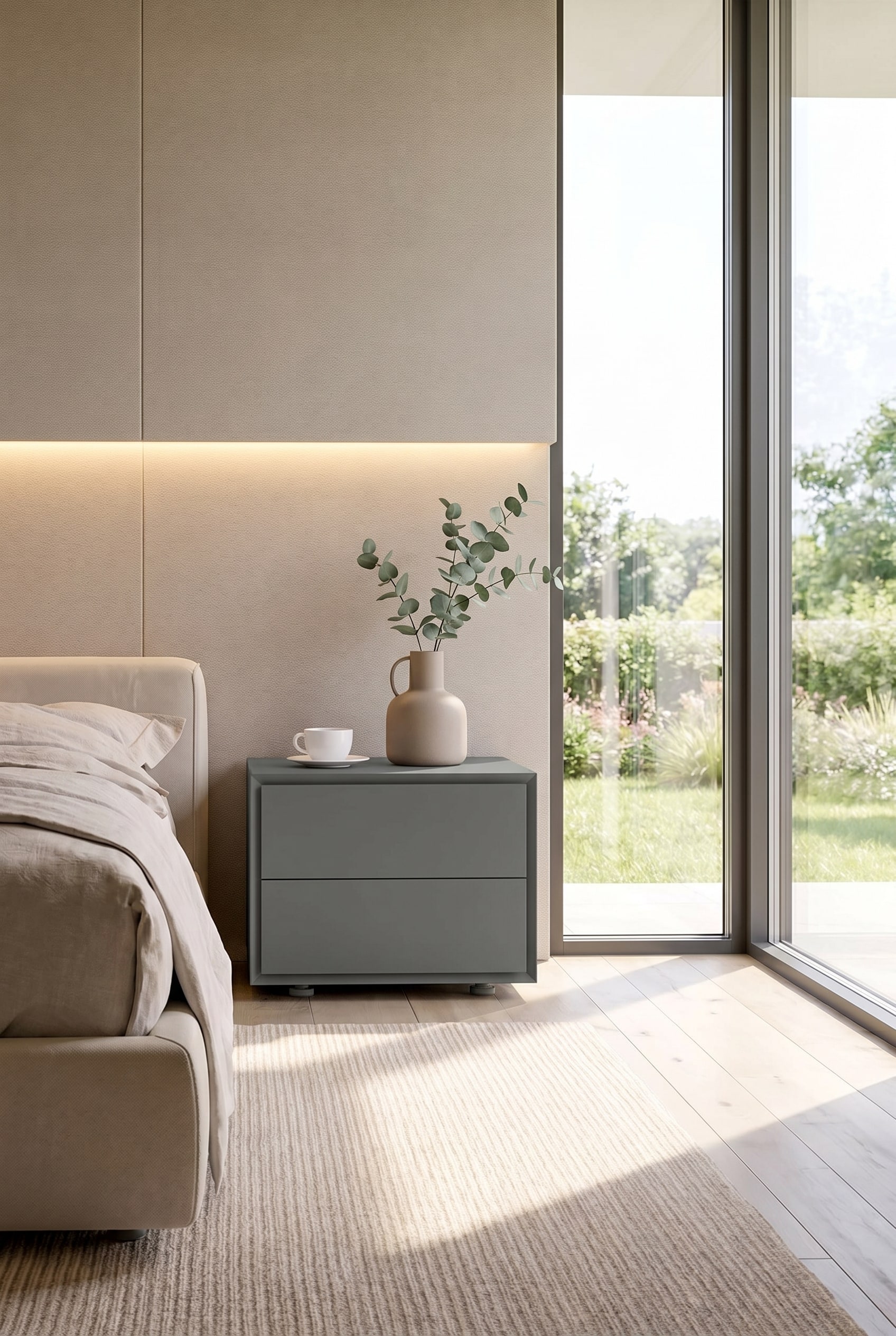 Minimalistisches Schlafzimmer mit einem kantigen, grauen Nachttisch, darauf eine Designer-Vase, mit indirekter Wandbeleuchtung