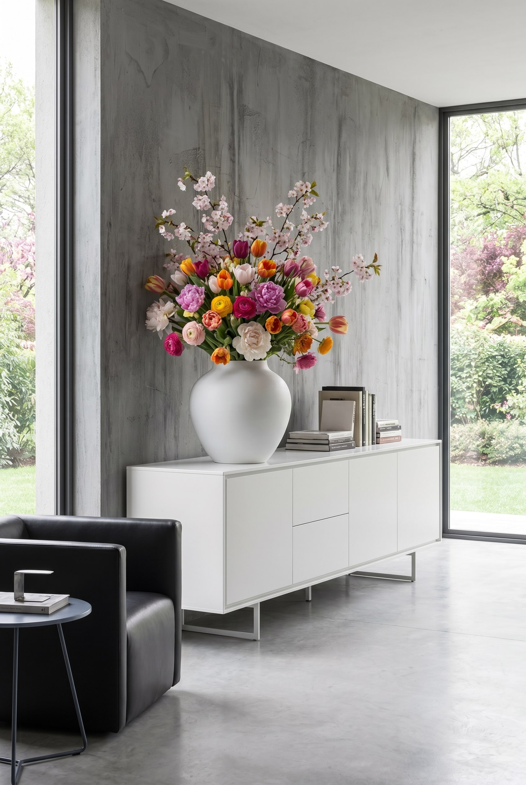Monochromes Sideboard ohne sichtbare Griffe, dekoriert mit einem extrem bunten Frühlingsstrauß Monochromes Sideboard ohne sichtbare Griffe, dekoriert mit einem extrem bunten Frühlingsstrauß