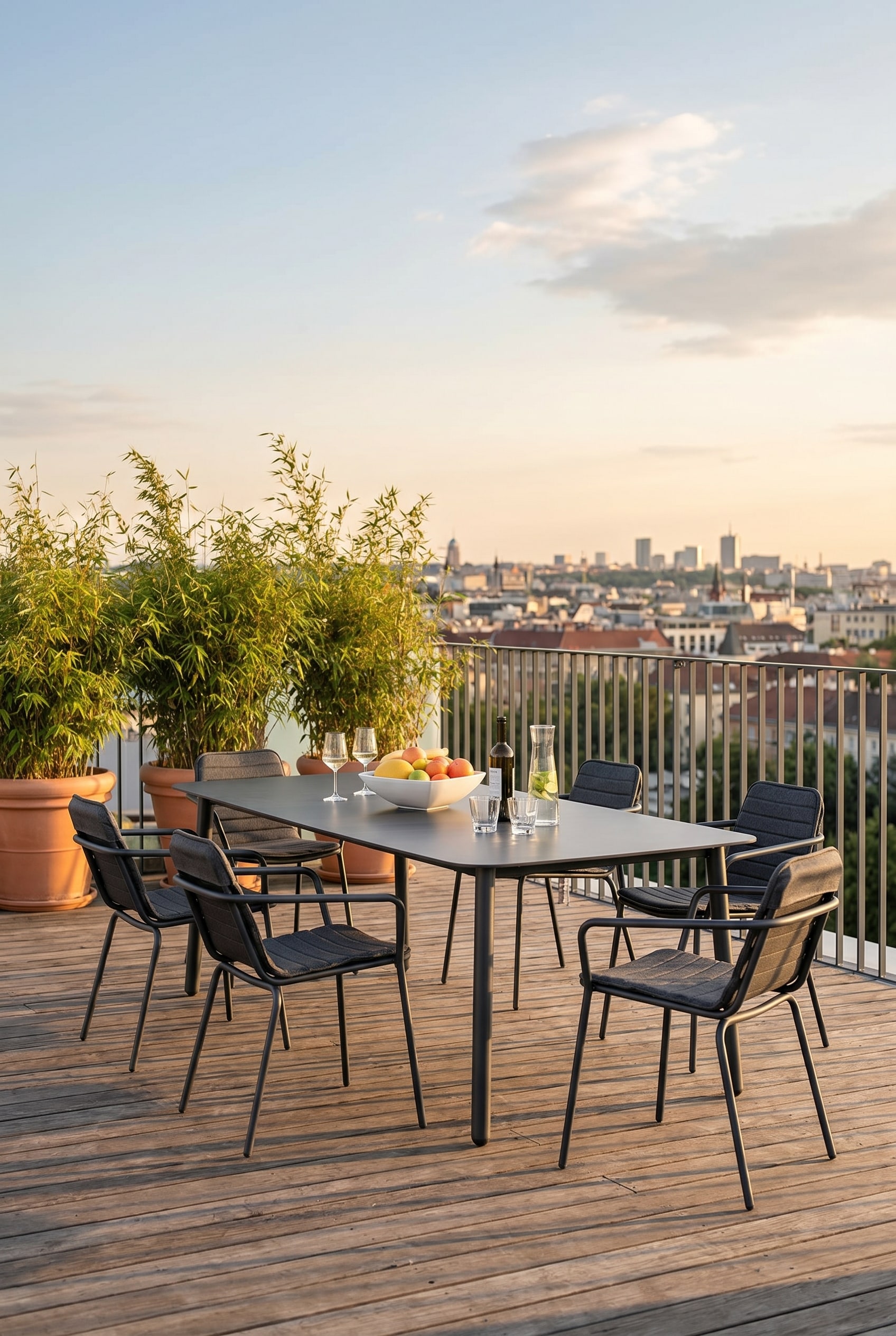Rooftop terrace at sunset with a dark grey minimalist dining table and widely spaced stainless steel armchairs