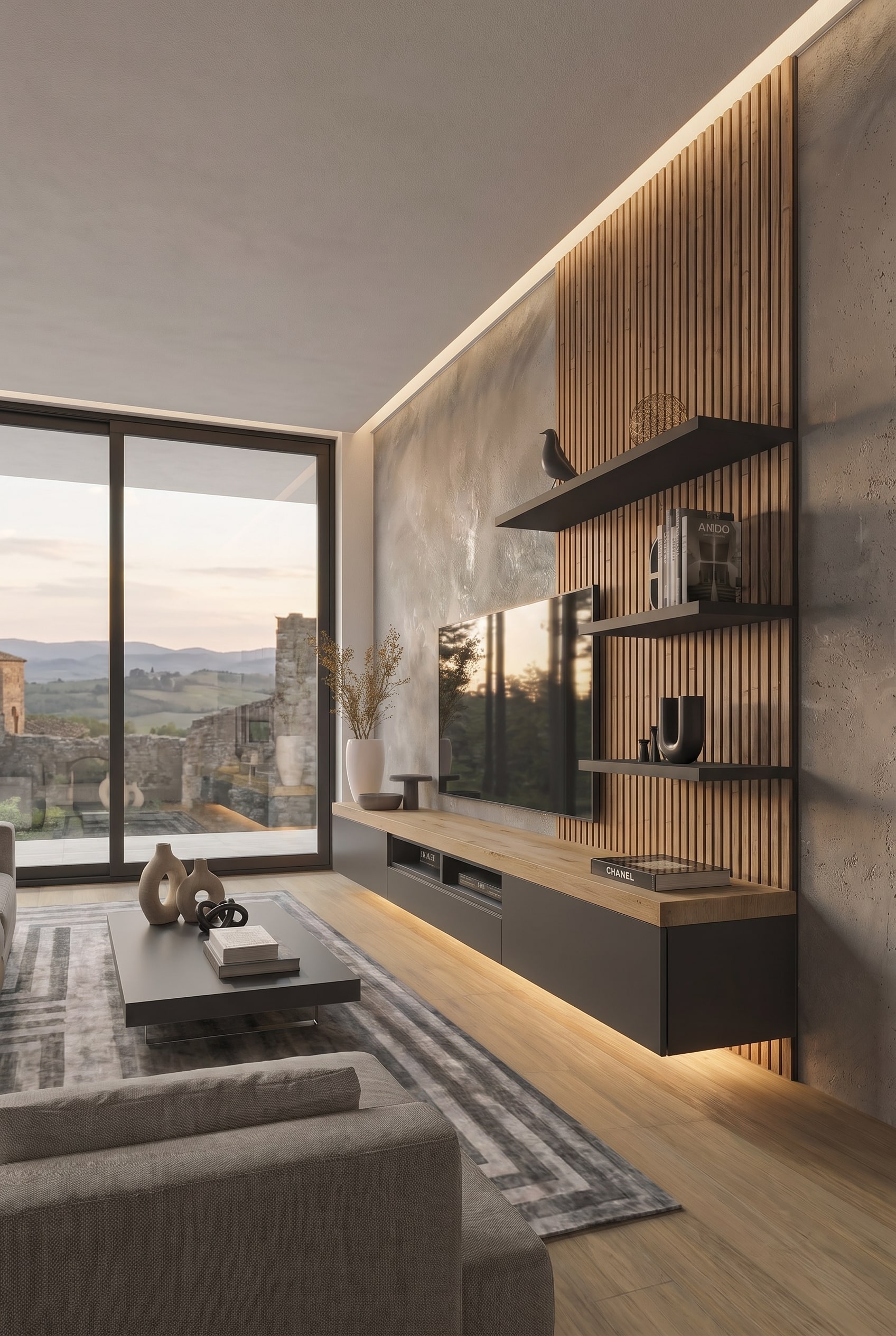 The Livitalia Lowboard C101 mounted floating, which visually enlarges the room