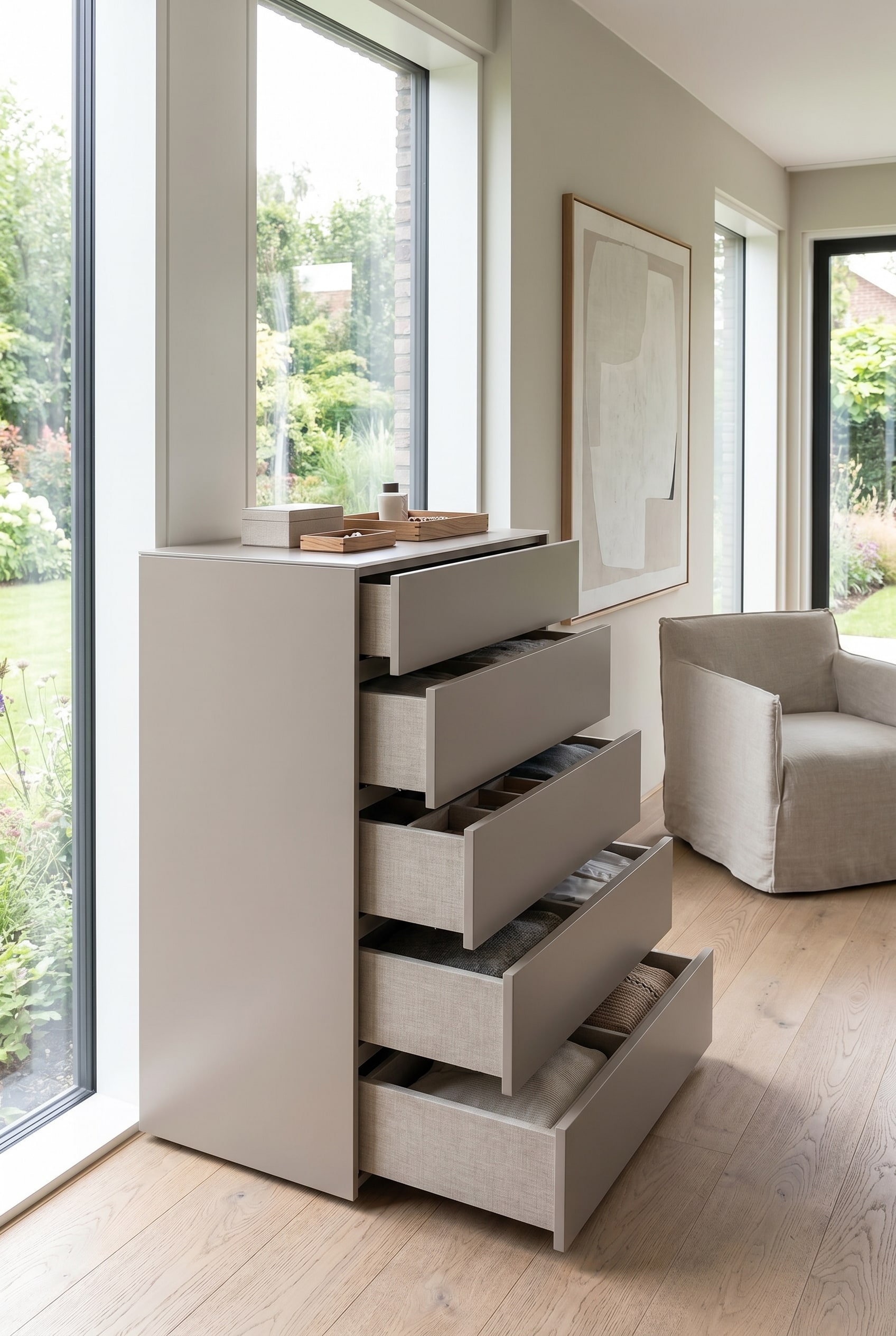 Helles Ankleidezimmer mit schmaler, hoher Design-Kommode mit sechs Ausz&uuml;gen