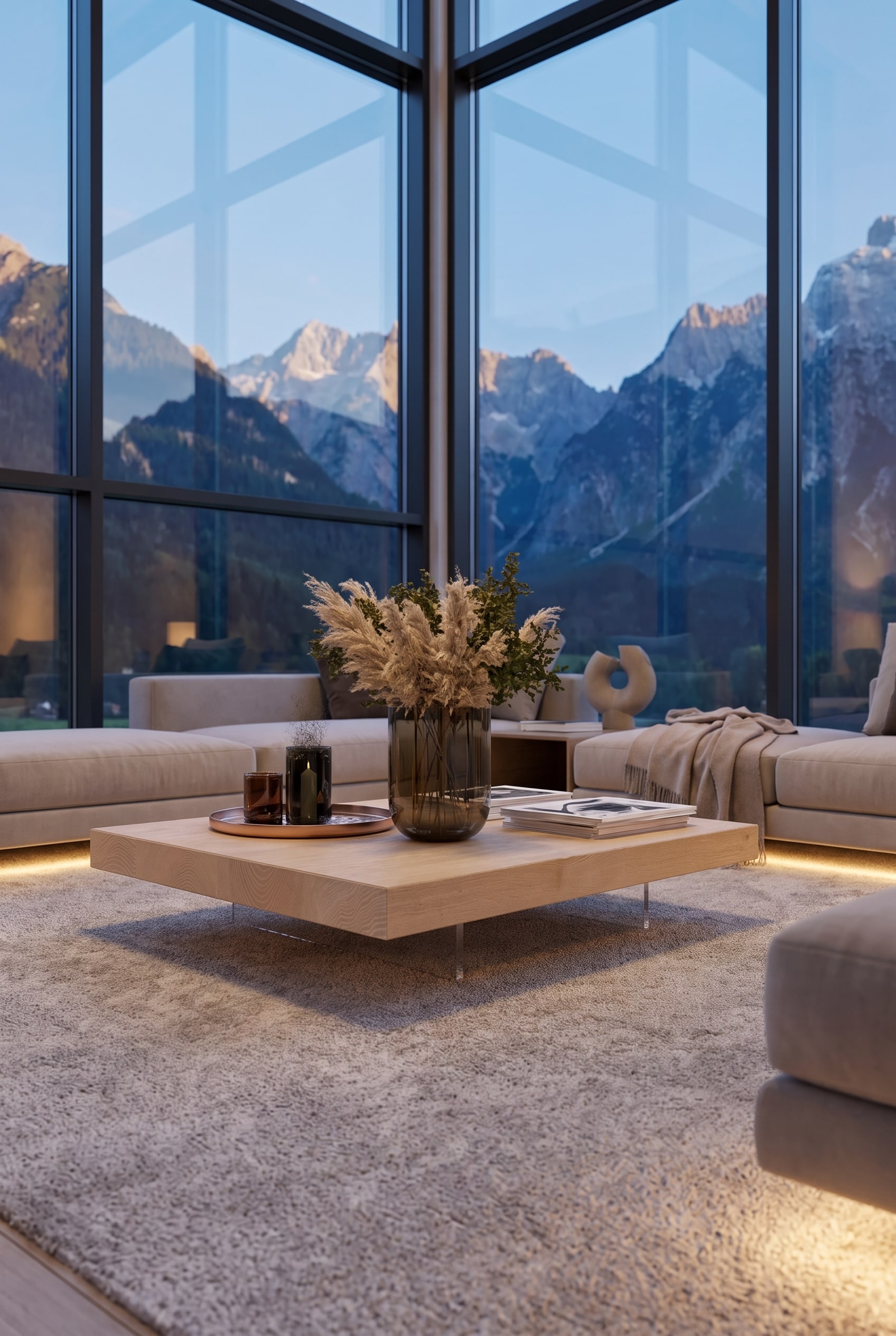 Lichtdurchflutetes Wohnzimmer mit sehr flachem Couchtisch aus Holz auf einem Designer-Teppich