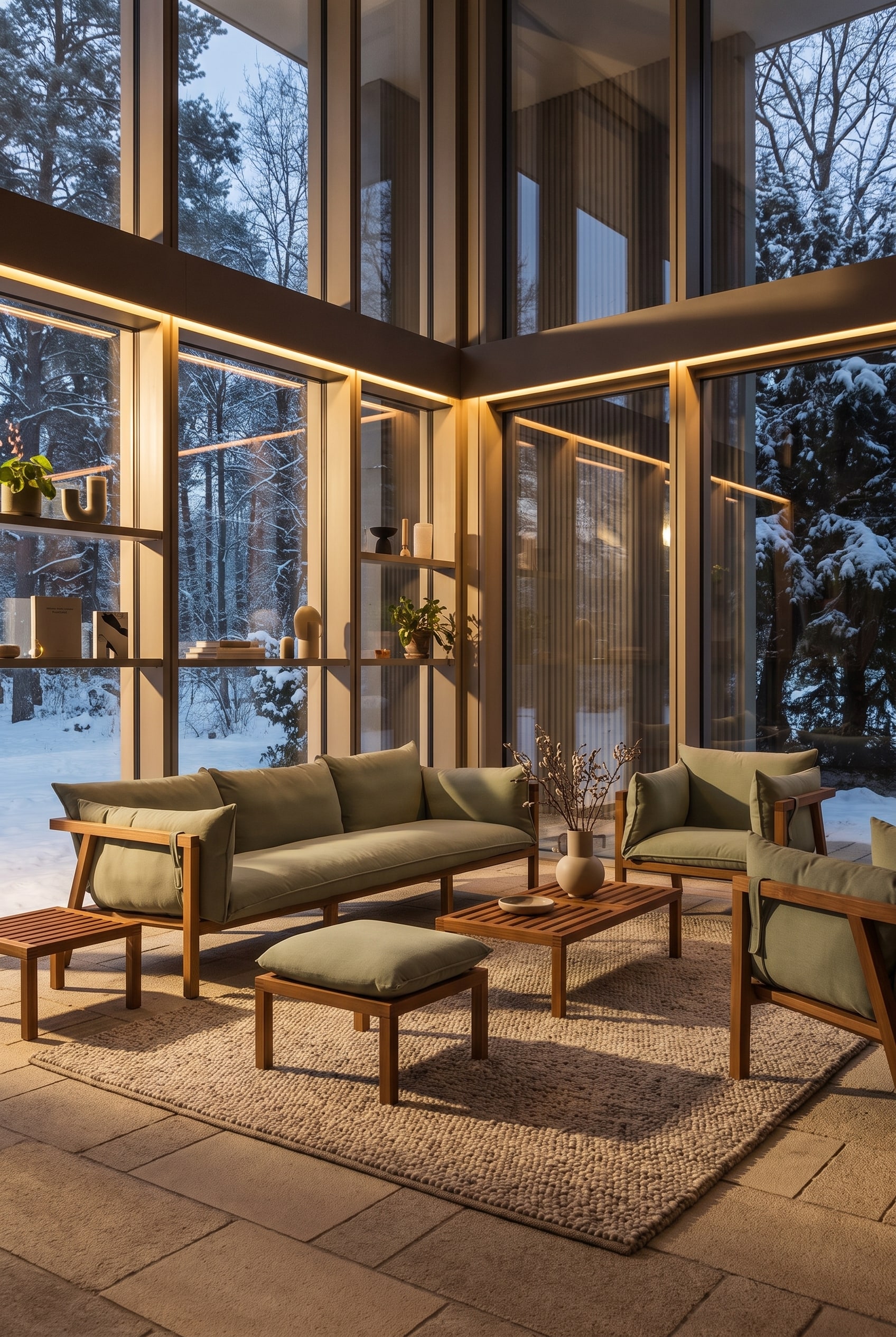 Hochwertige Lounge-Gruppe aus massivem Teakholz mit hellgrünen Polstern in einem Wintergarten. Warme Sonnenstrahlen fallen auf die lebendige Holzmaserung.