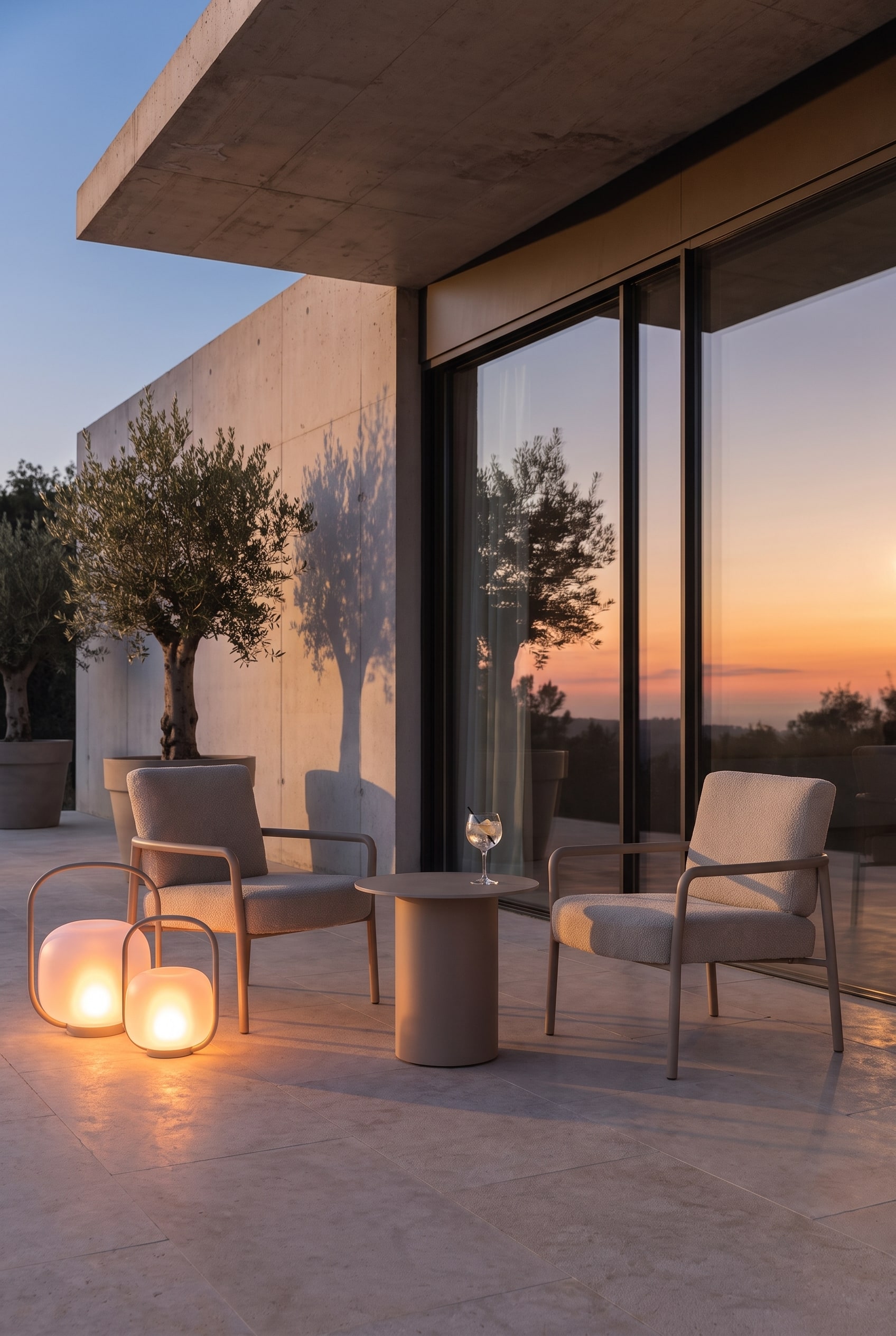 Spacious stone terrace at sunset with a beige outdoor armchair with a delicate frame and a minimalist side table