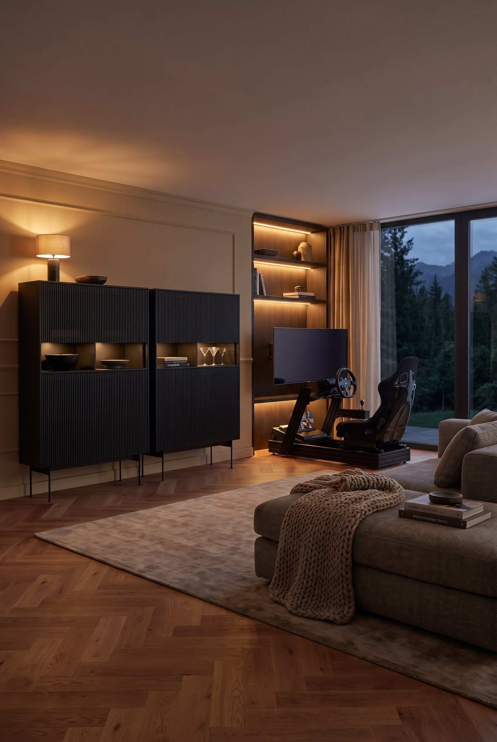 A tall, elegantly fluted highboard made of walnut wood, whose closed doors offer massive storage space for bulky gaming hardware.