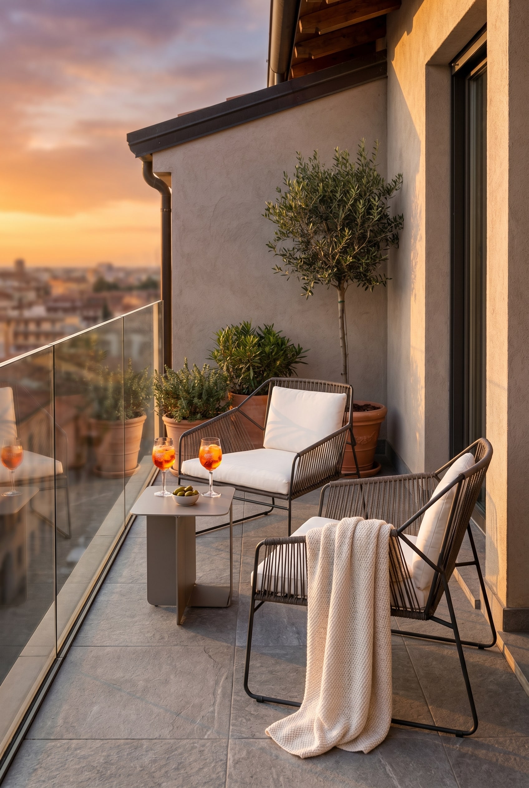 Moderner Balkon mit einem grauen Sessel aus Edelstahl und Schnurgeflecht mit weißem Sitzkissen vor einem Glasgeländer