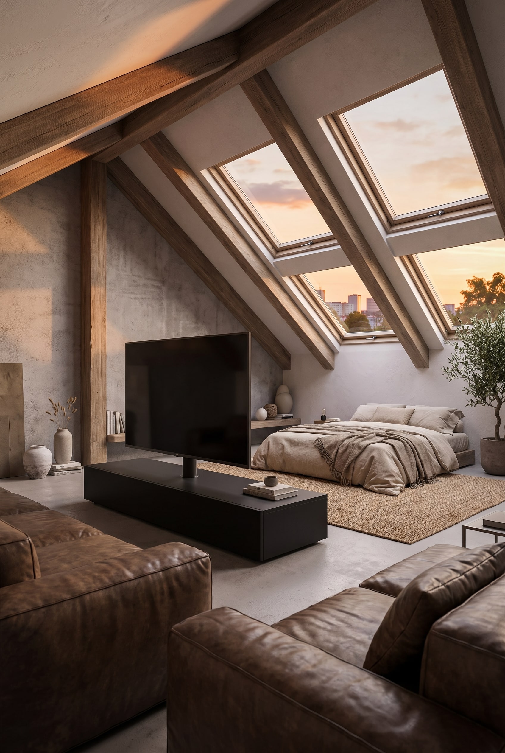 A modern, freestanding TV room divider structures an open attic into different living areas without blocking the light from the roof windows.