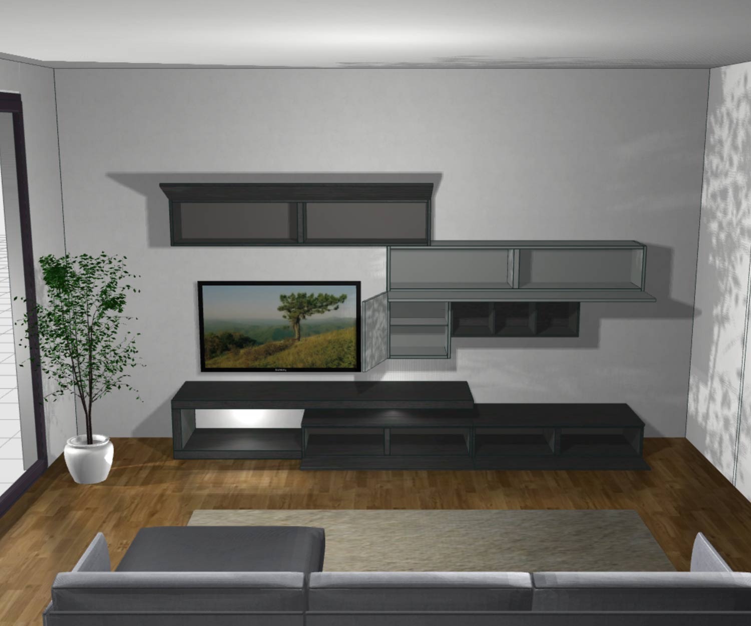 Moderne Design Wohnwand C99 mit Carbone Eiche und schwebenden TV Board