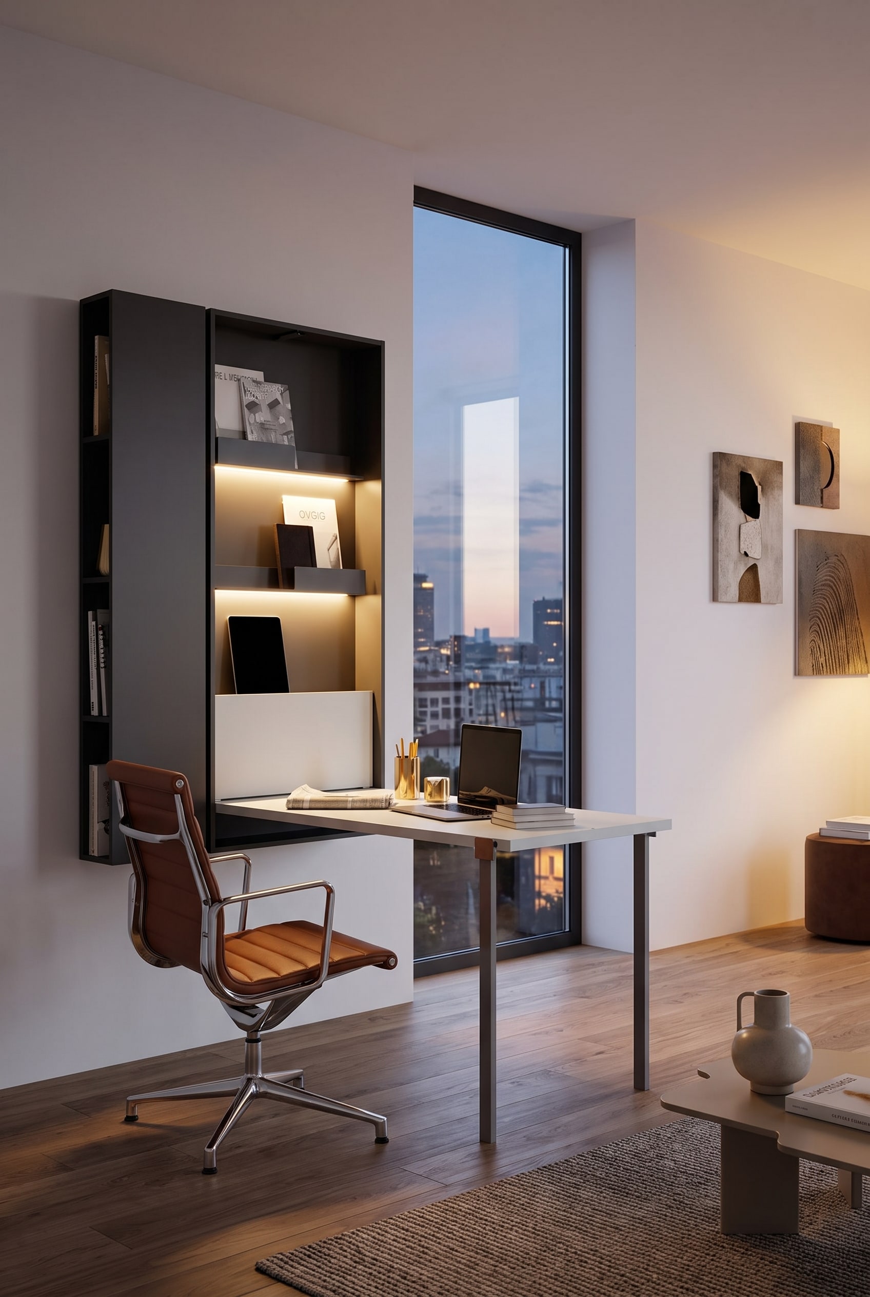 Wohnzimmer-Nische mit einem weißen, ausgeklappten Wandklapptisch, auf dem ein Laptop steht, begleitet von einem Hocker