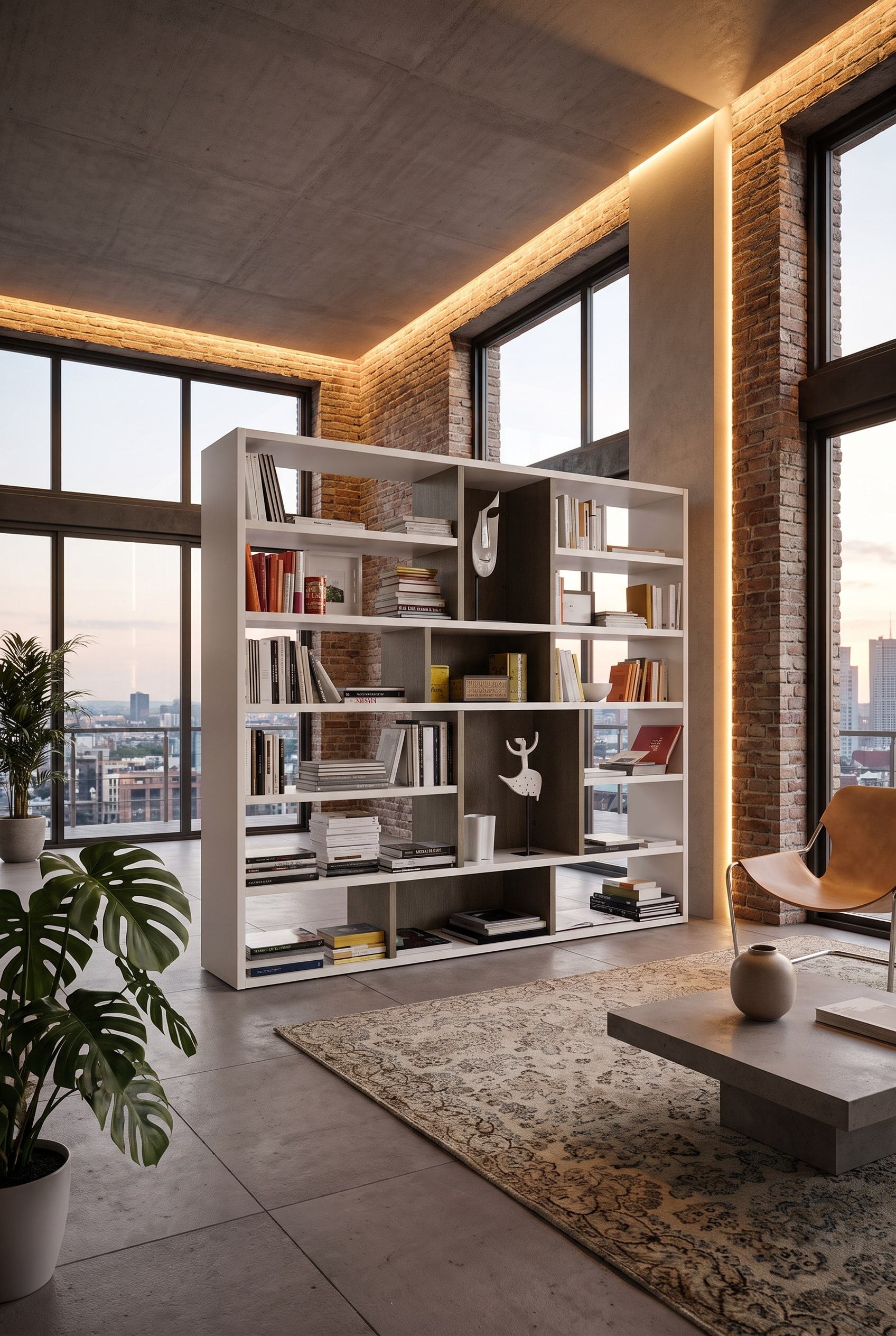 Modern open loft with a large white room divider shelf separating the living and dining areas