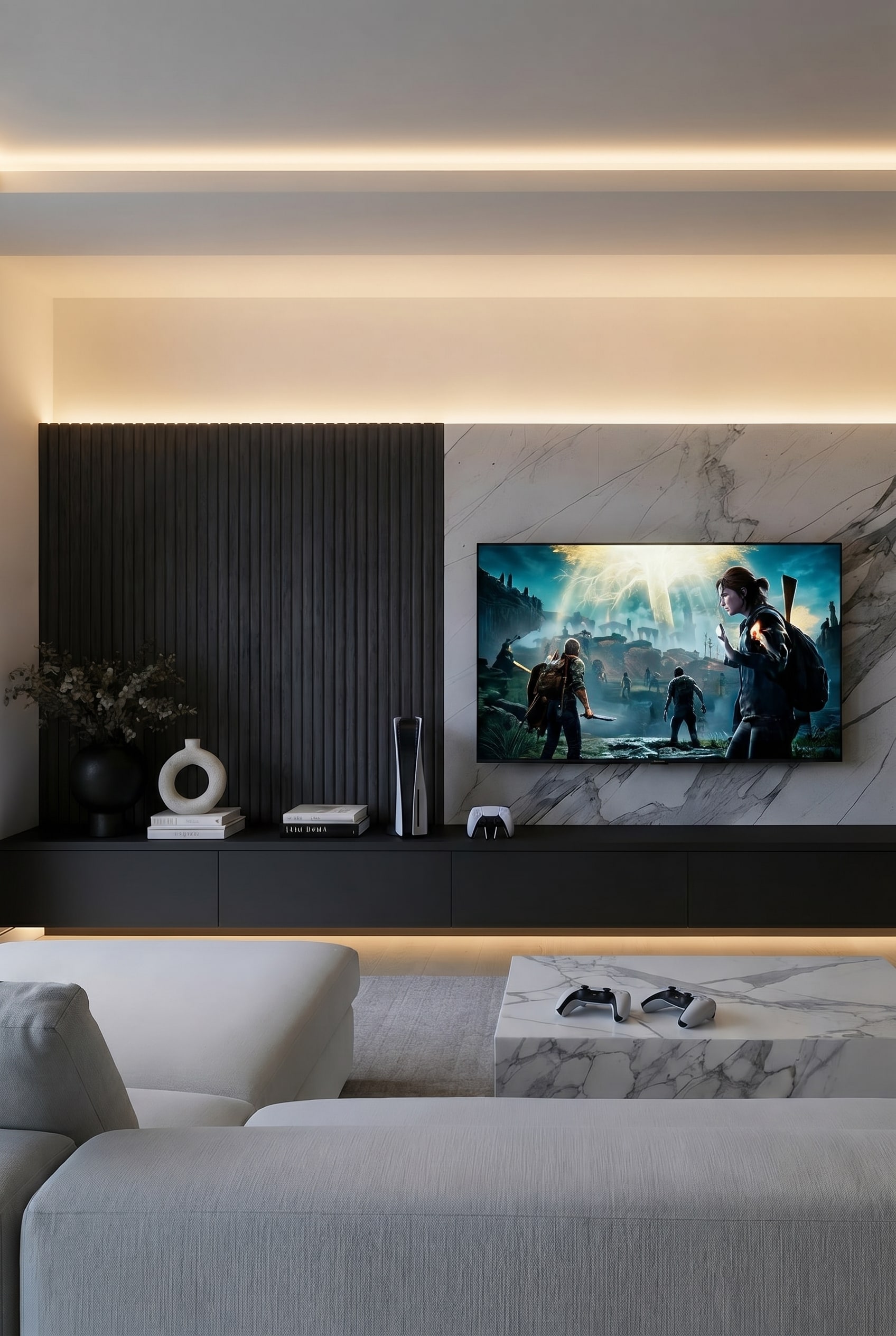 Wohnzimmer mit ma&szlig;gefertigter Wohnwand, integriertem Fernseher, dunklen Holzlamellen und Glasnische