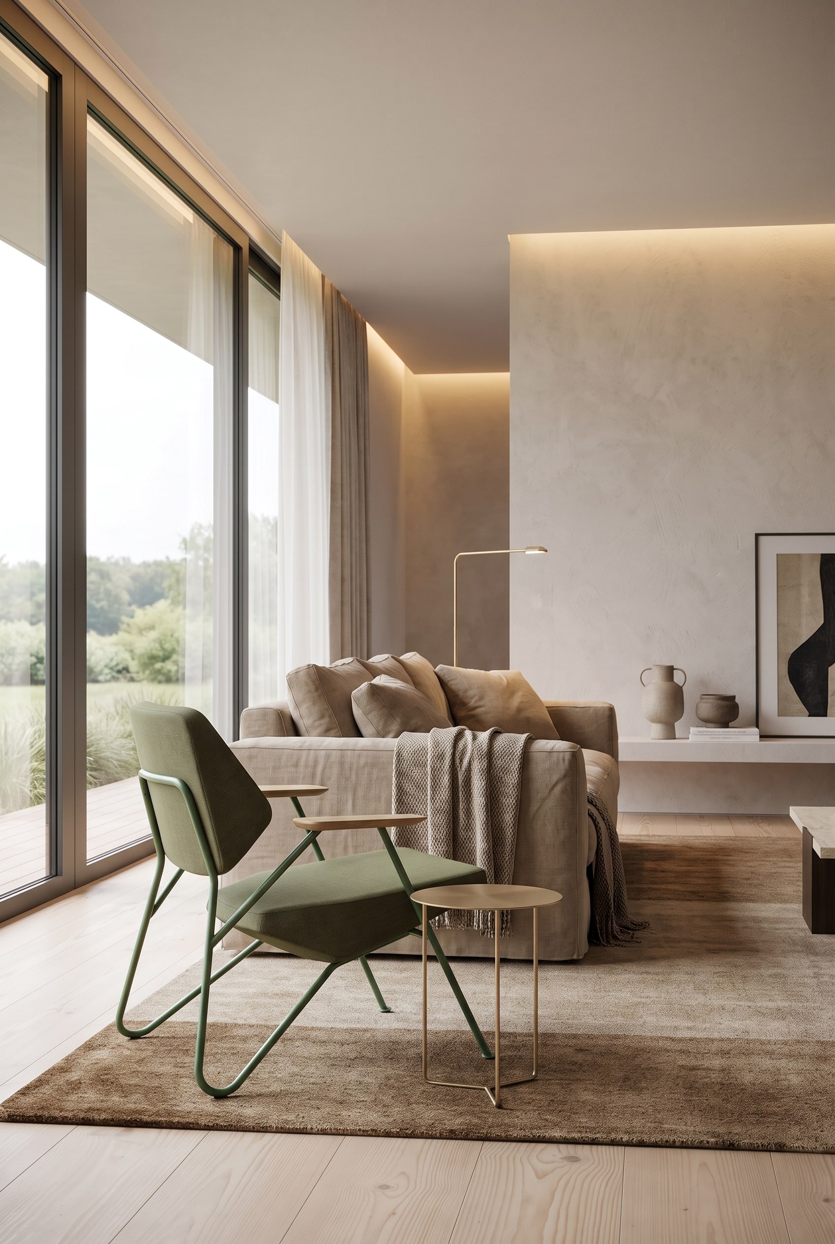 The geometric Prostoria Armchair Polygon placed as a stylish accent in a modern and multi-layered living space.