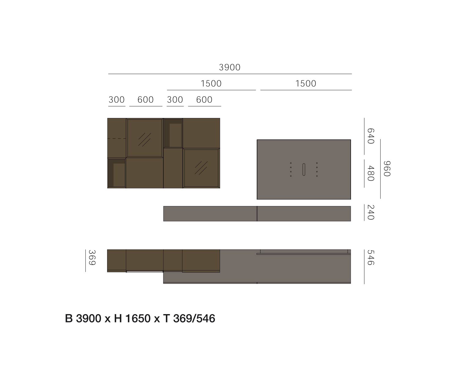 Livitalia Design wall unit C39 Sketch Dimensions Sizes Size specifications