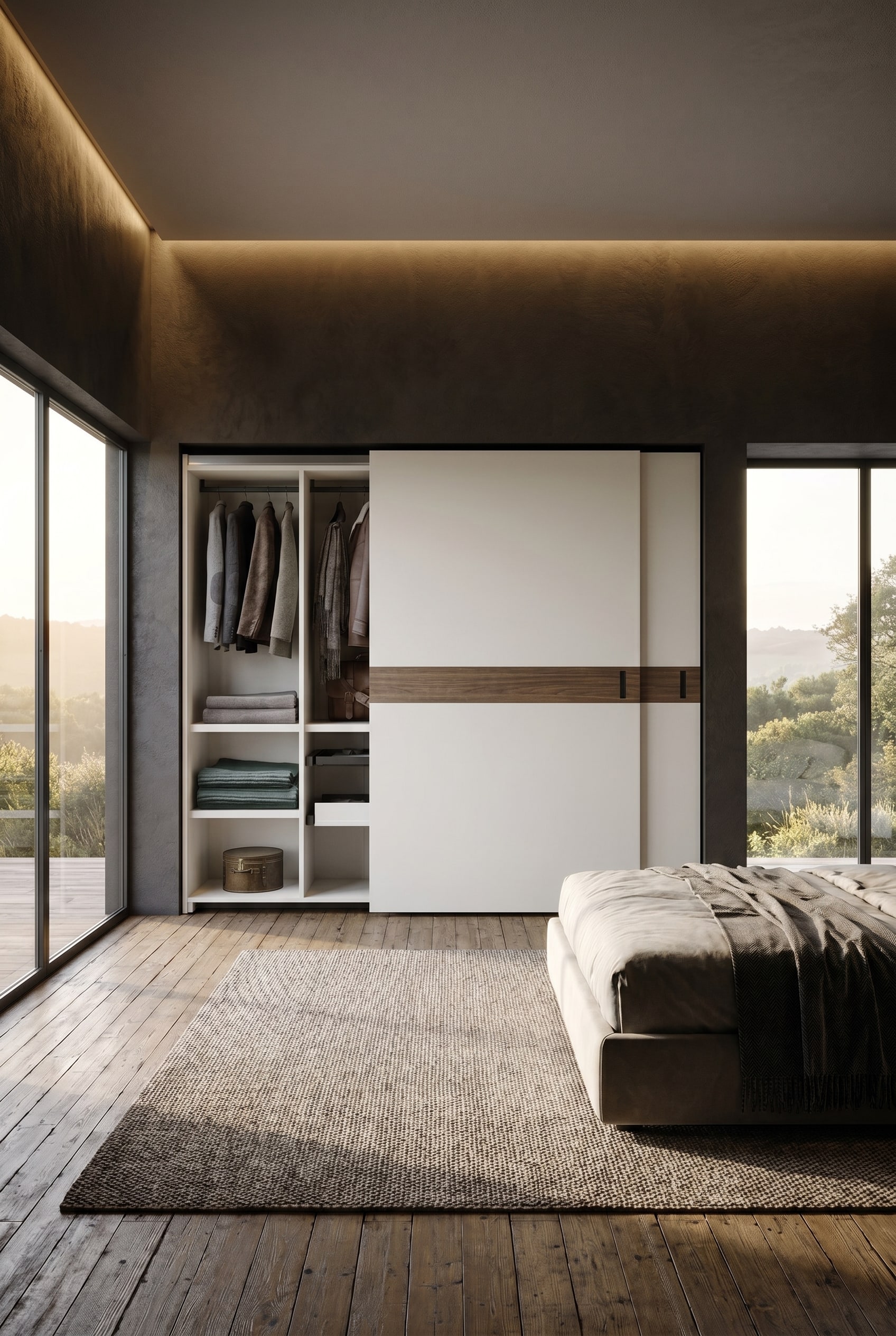 Bright bedroom with a large white sliding door wardrobe featuring a horizontal wood inlay, on rustic plank flooring