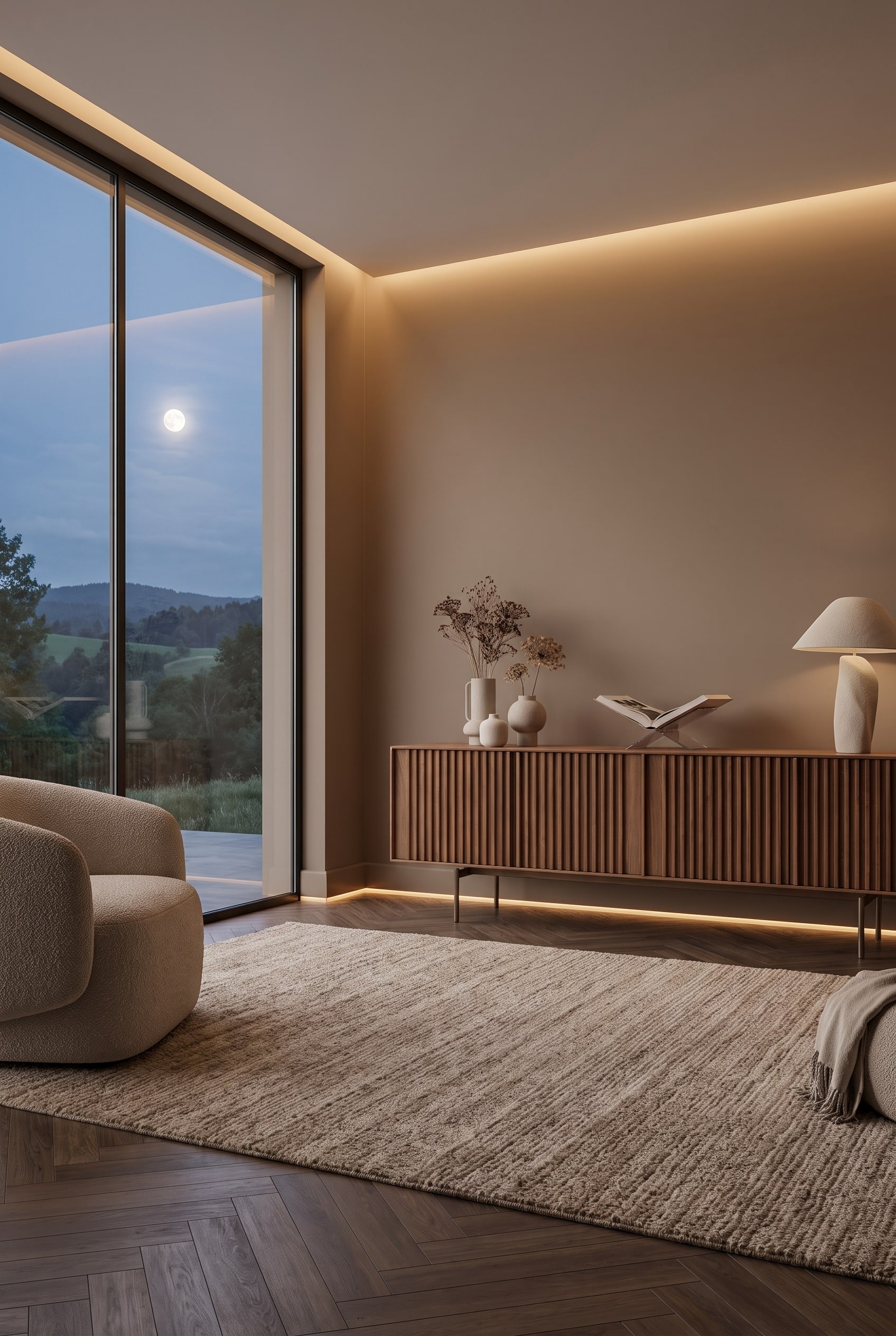 An elegant, modern solid wood sideboard stands in front of a warm, coffee-brown wall in the Macchiato shade, which softly defines the edges.