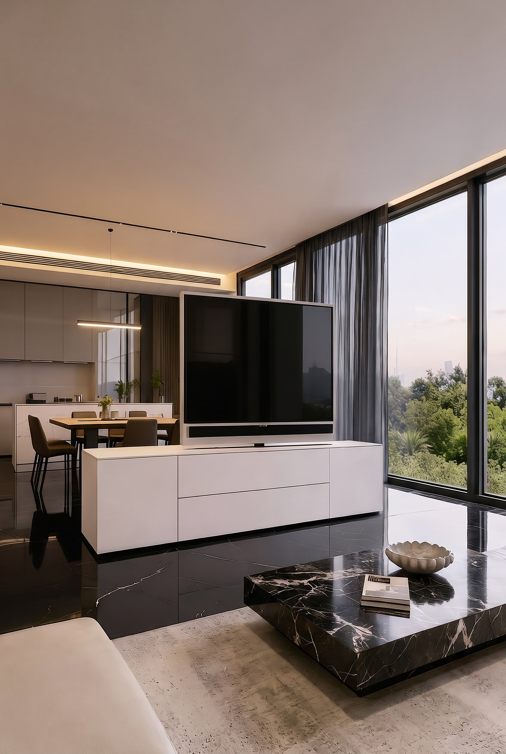 Open living-dining area with the Livitalia Roto Sideboard as a room divider and swiveling TV panel