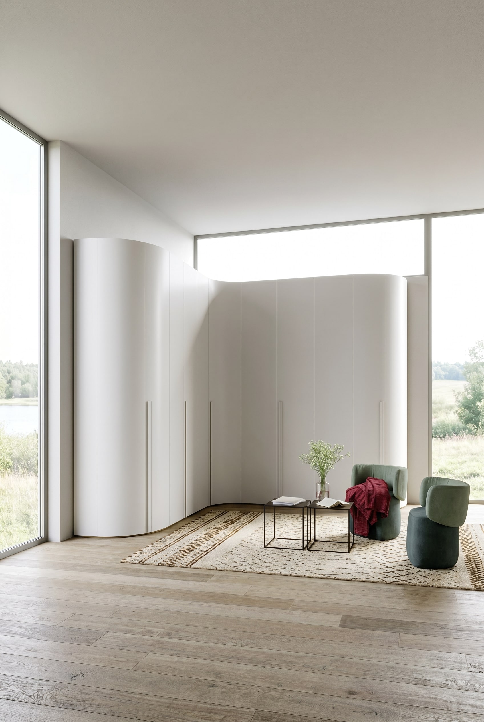 Minimalistischer wei&szlig;er Eckschrank mit geschwungenem Abschlussmodul in einem modernen Schlafzimmer mit bodentiefen Fenstern