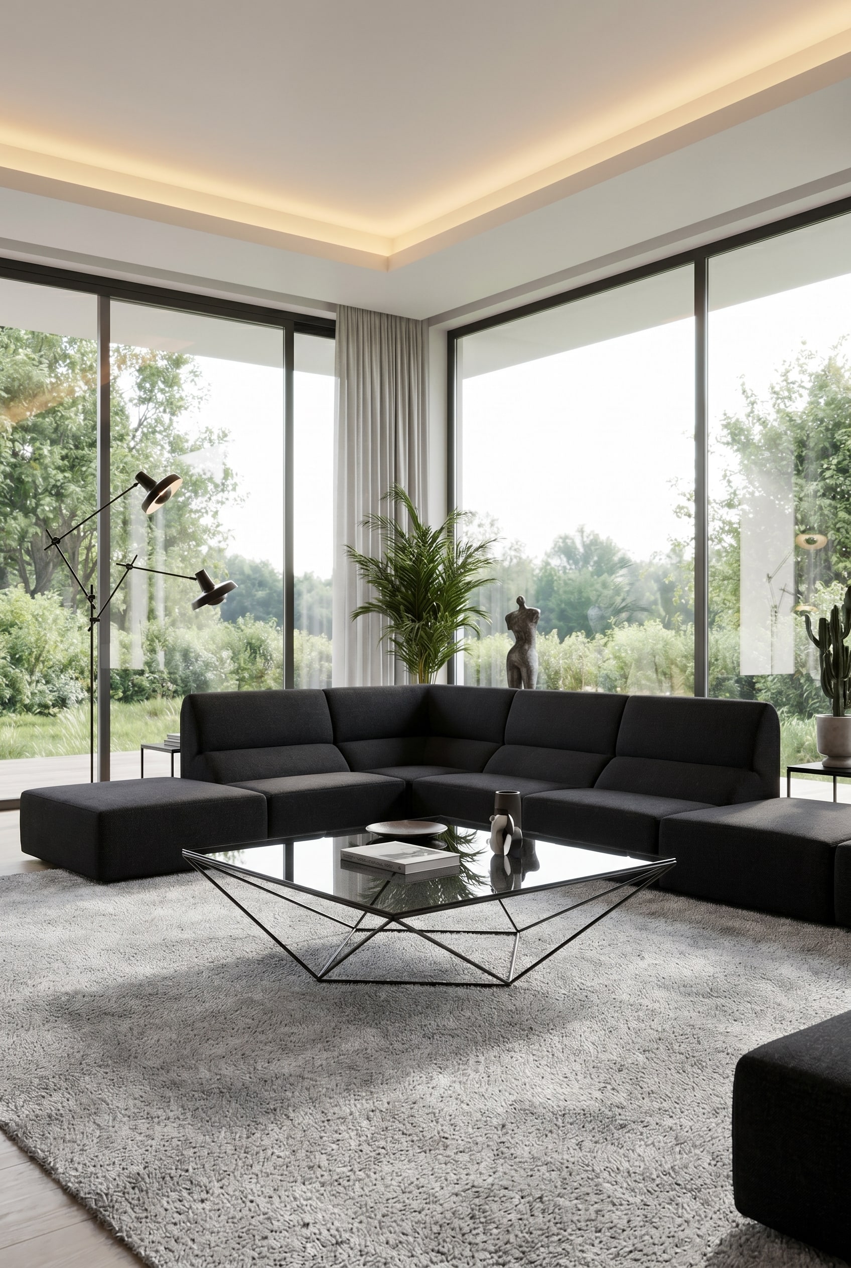 Modernes Wohnzimmer mit beigefarbenem Polstersofa und einem minimalistischen Couchtisch mit polygonalem schwarzen Metallgestell