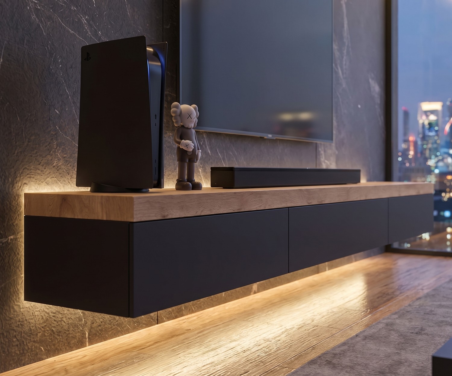 Lowboard Wohnzimmer hängend Livitalia mit dicker Holz-Abdeckplatte und LED-Beleuchtung im modernen Design.