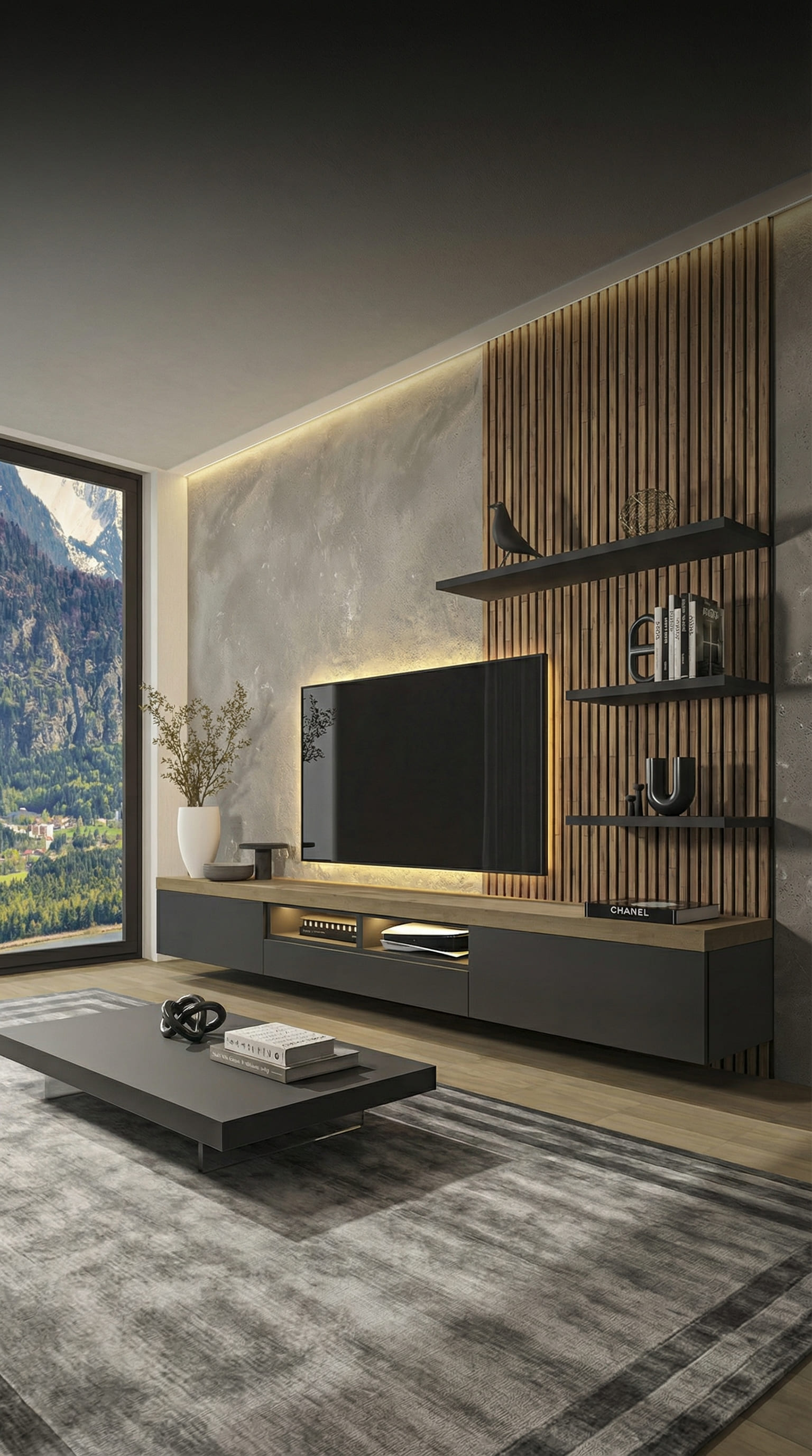 Moderne TV-Wand mit Eichen-Lowboard und offenem Konsolen-Fach Moderne TV-Wand mit Eichen-Lowboard und offenem Konsolen-Fach