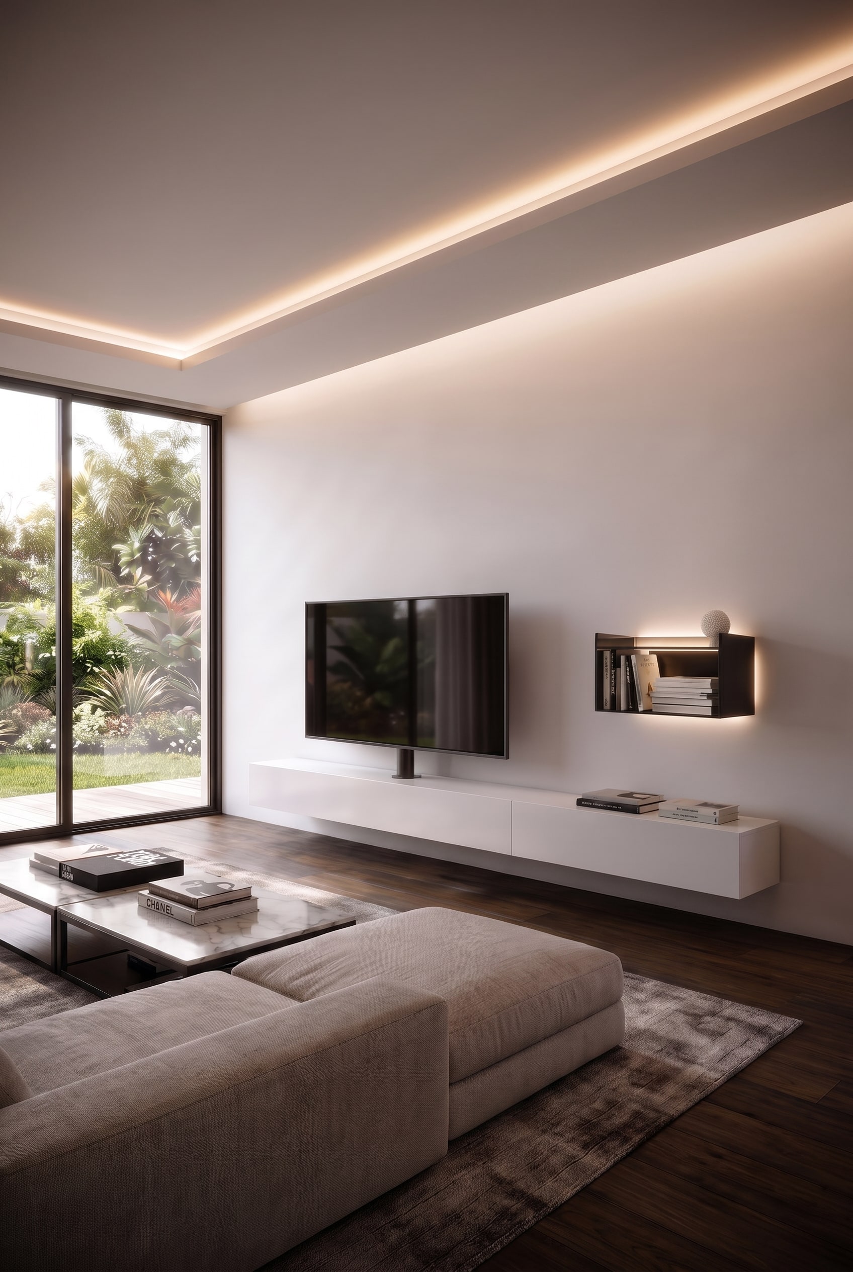 Technisch raffiniertes Wohnzimmer mit wandmontiertem Lowboard und integrierter TV-Halterung