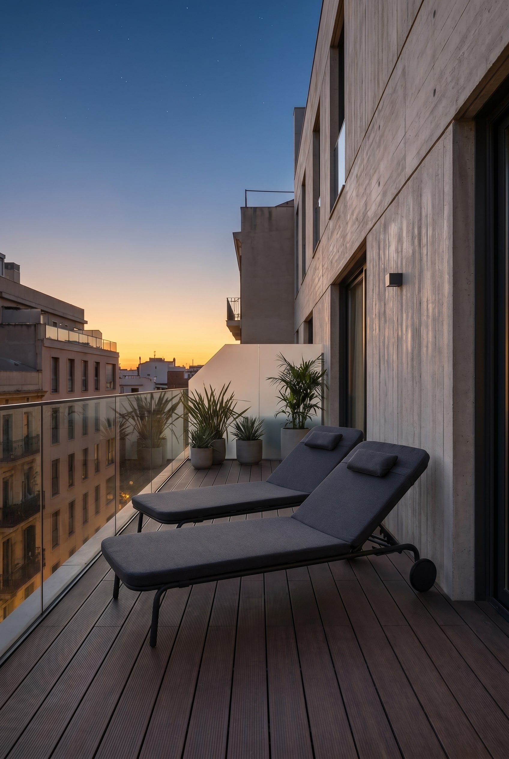 Dunkelgraue, minimalistische Outdoor-Sonnenliege auf Rollen auf einem Holzdeck-Balkon unter dem abendlichen Sternenhimmel