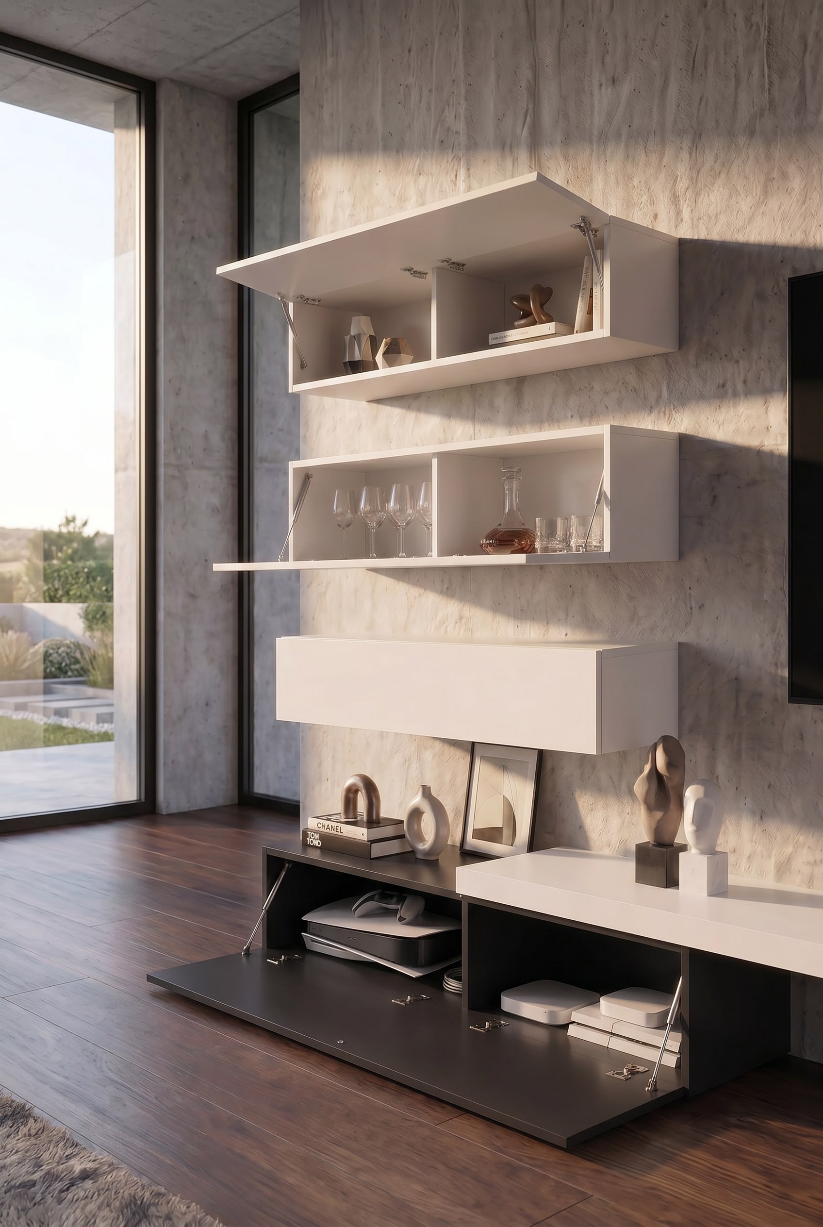 Open flap doors and vasistas door of the designer wall unit