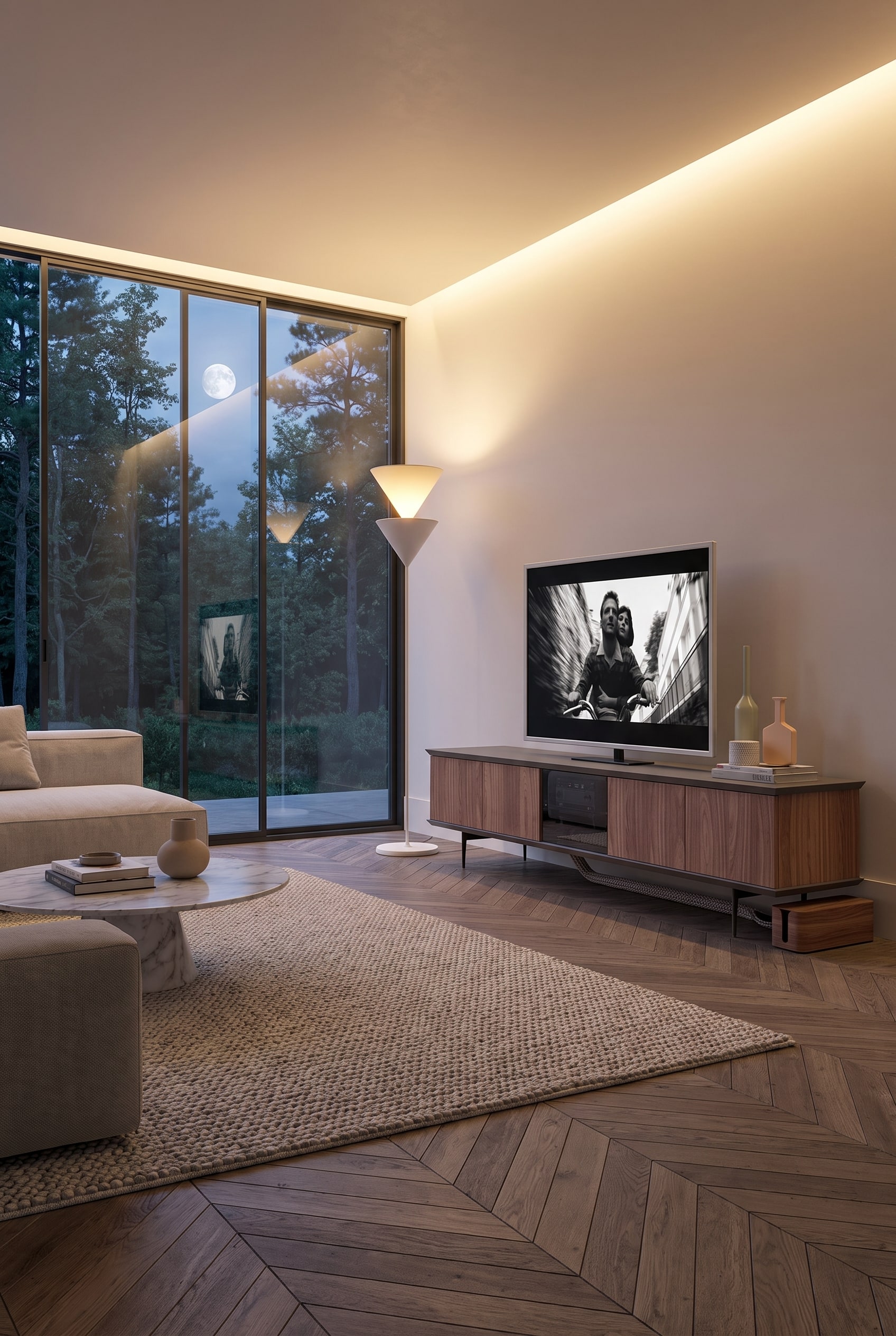 Ozzio Brera TV Media Lowboard im Wohnzimmer mit eleganter und unsichtbarer Kabelf&uuml;hrung