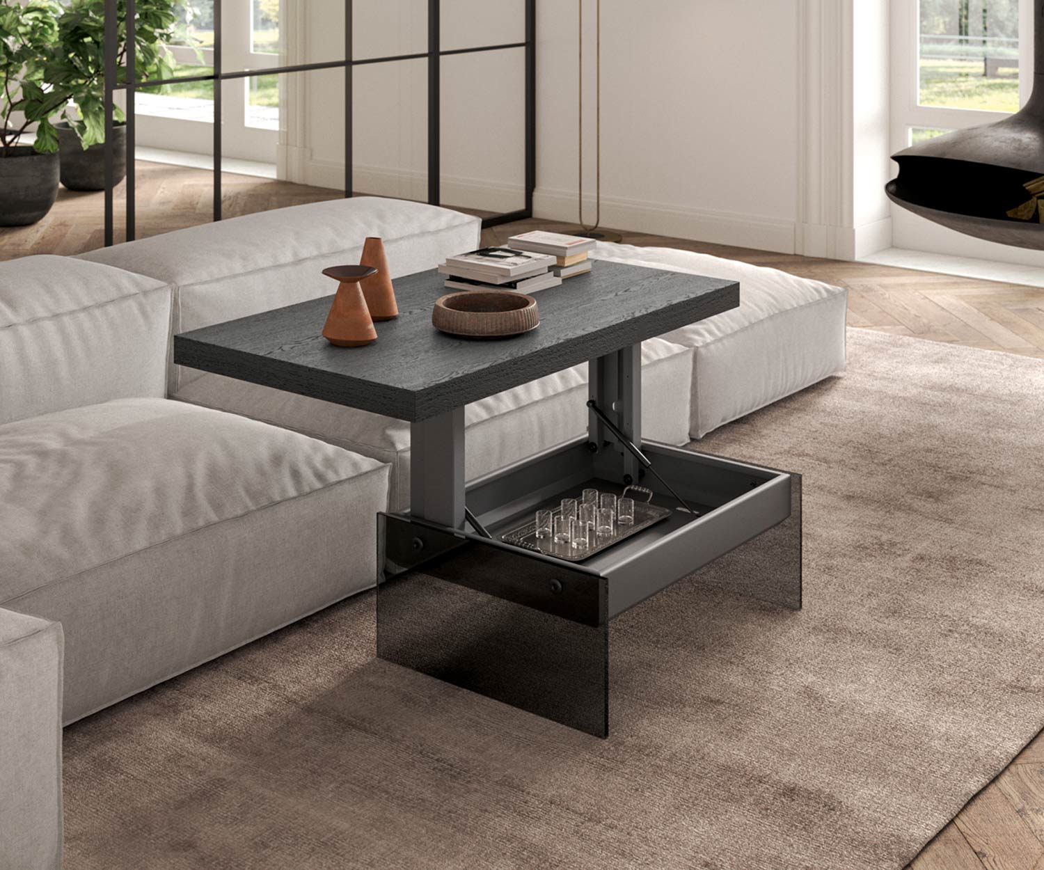 Schwarze Tischplatte Bellagio Couchtisch von Ozzio im Wohnzimmer geschlossen