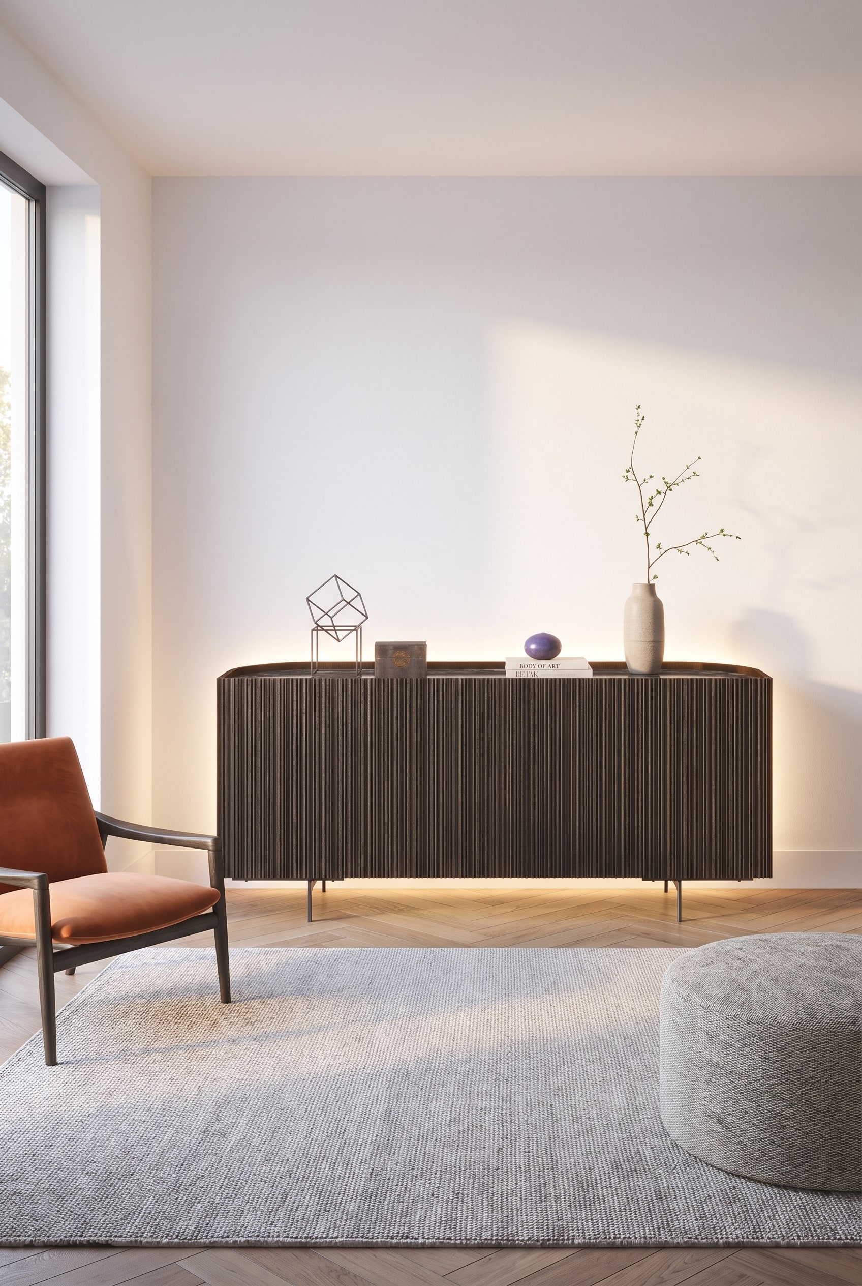 Modern living room with dark brown Novamobili Bay Sideboard with ribbed front and soft curves