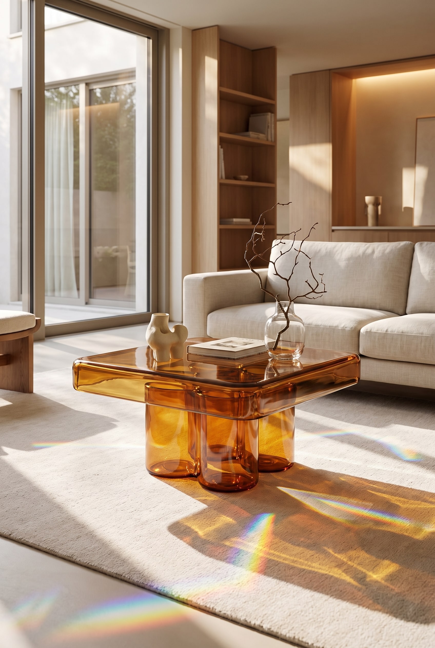 Light-filled living room with a square coffee table made of solid, amber-colored Murano glass on a light carpet, casting colorful light reflections.