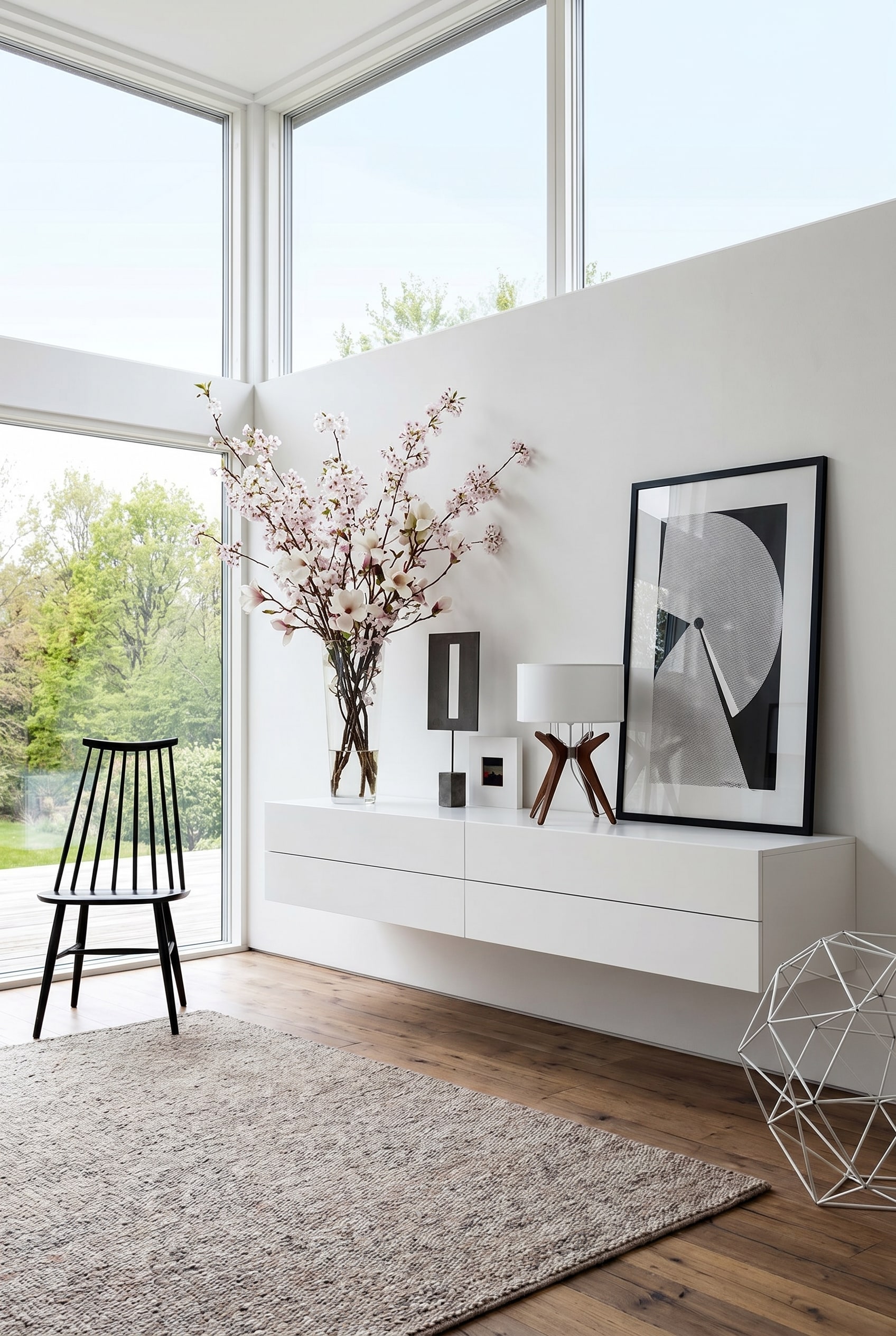 Ein modernes, wandhängendes Sideboard in einem hellen Raum, darauf eine filigrane Vase mit Frühlingsblüten Ein modernes, wandhängendes Sideboard in einem hellen Raum, darauf eine filigrane Vase mit Frühlingsblüten