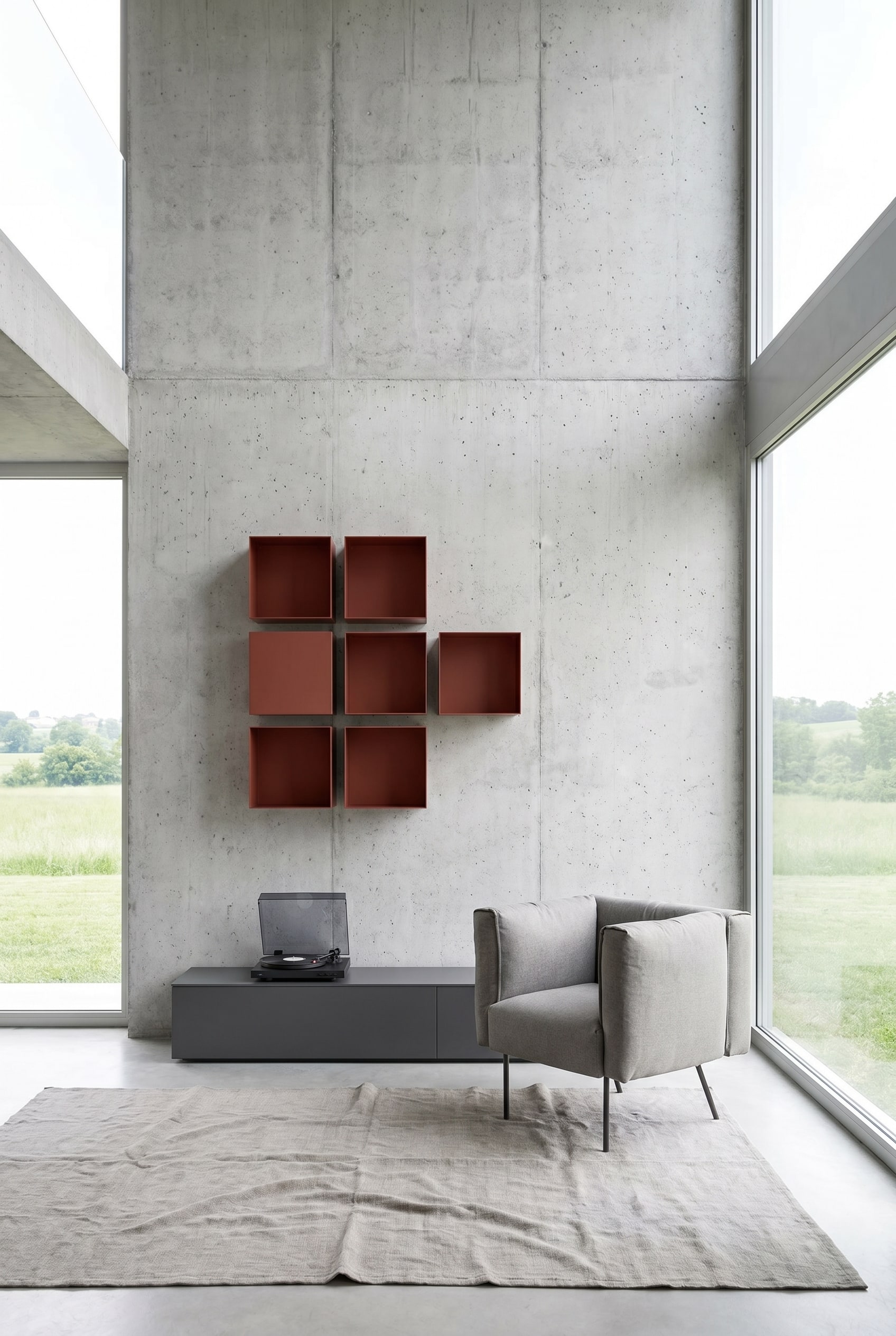 Modern living ambiance with an asymmetrical grouping of five square Novamobili Metall Wandboxen Hub in matte oxide red on a concrete wall