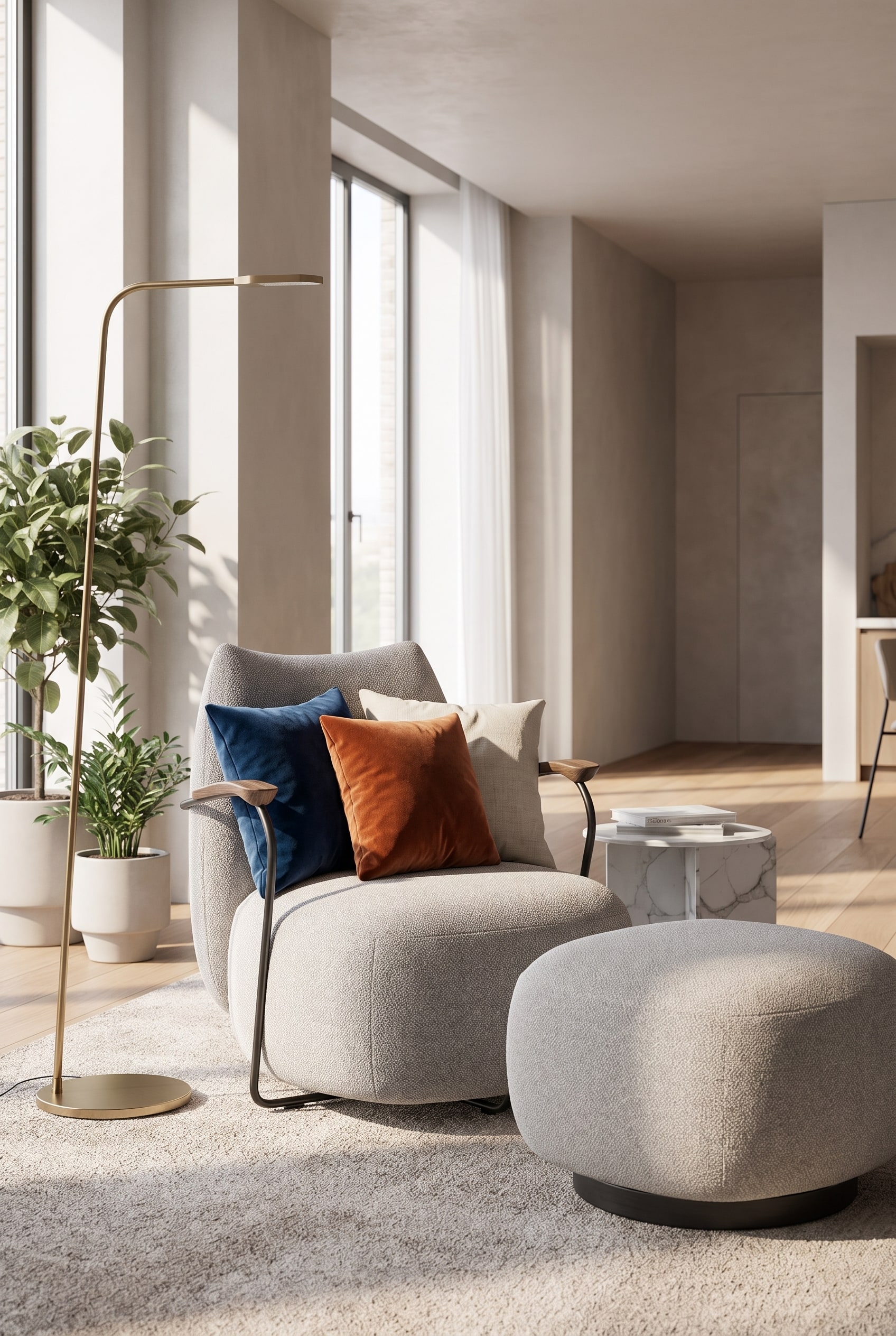 A modern living space with the Prostoria Buffa Armchair, decorated with seasonally coordinated cushions made of linen and velvet.