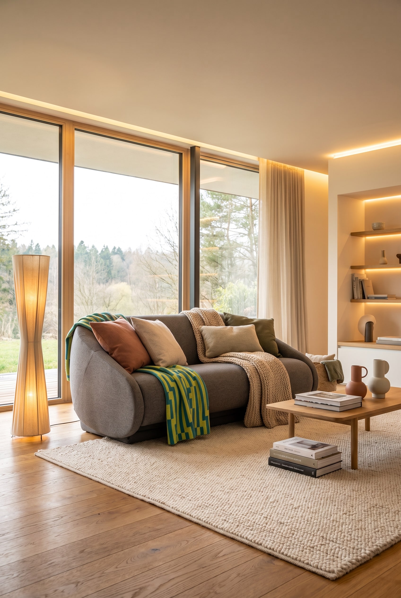 Prostoria Sofa Bed Up-Lift in the living room with layered cushions and plaid, seamlessly integrated