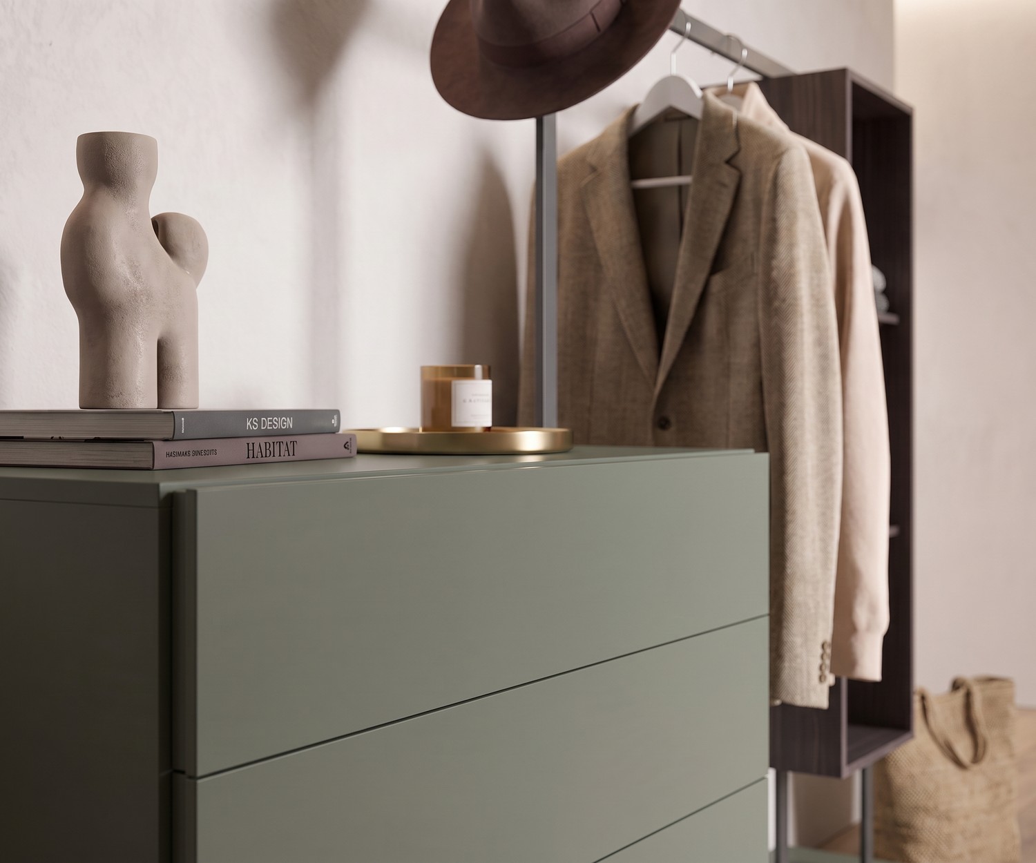 Kommode mit Garderobe Easy 4 im Flur, grünes Design-Flurmöbel mit Kleiderstange und Schubladen im minimalistischen Stil