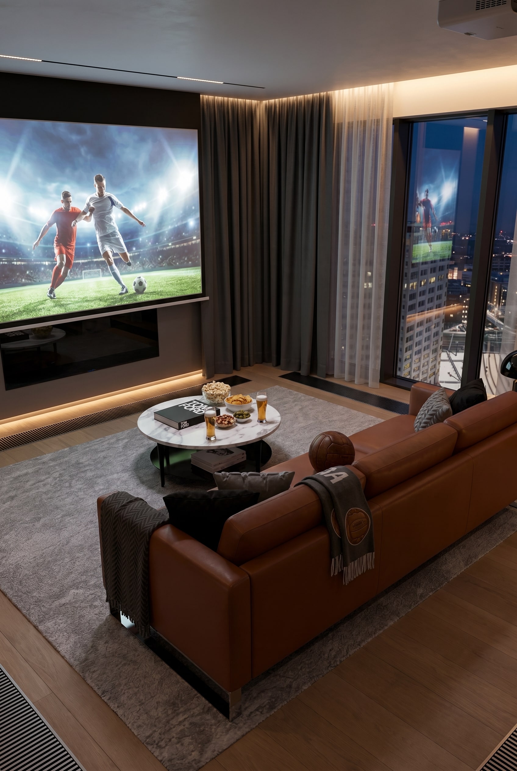 Elegant cognac-colored leather sofa in a luxurious living room with dark curtains, a round marble table, and city views