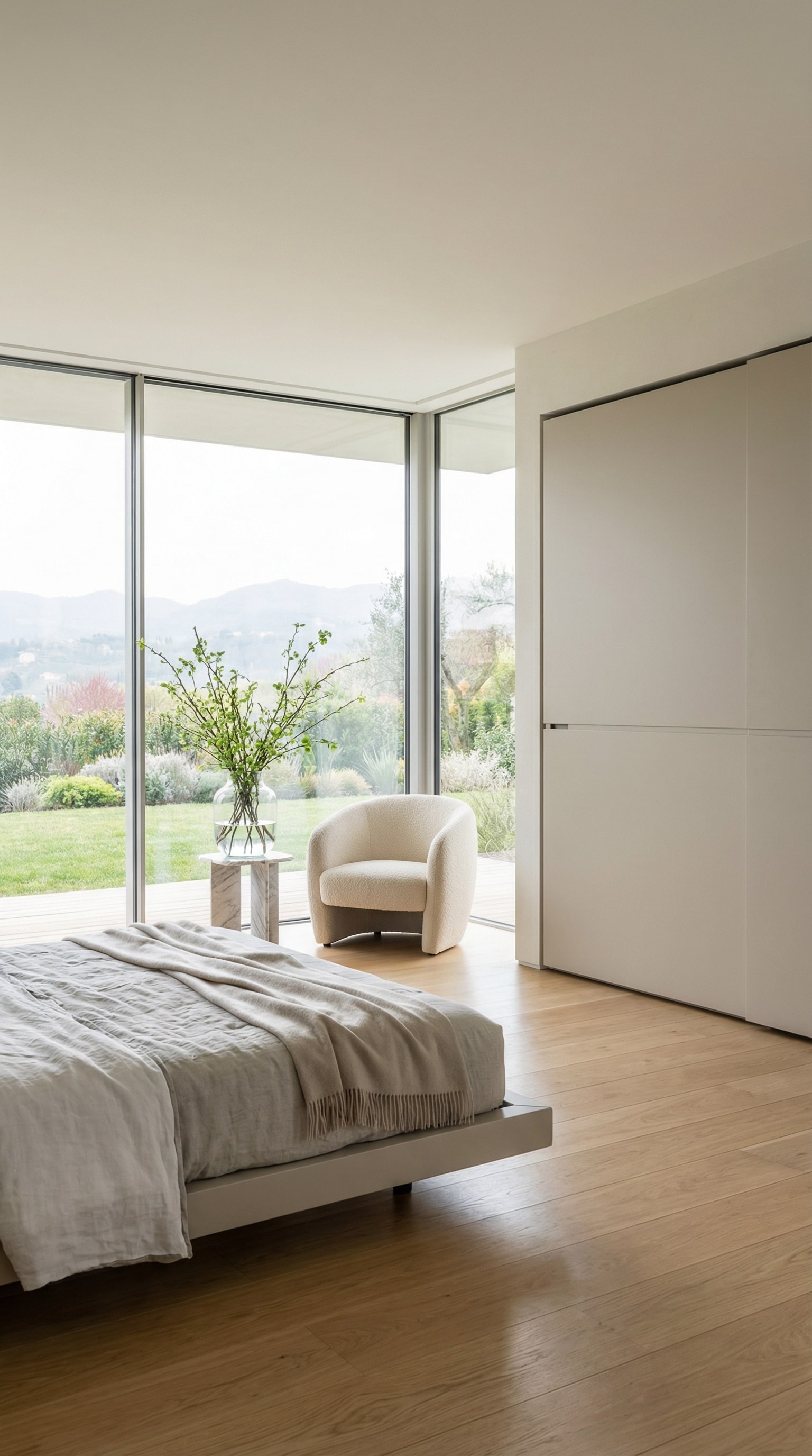 Minimalistisches Schlafzimmer mit dem Novamobili Kleiderschrank Middle Schiebetüren, der mit seiner glatten Front eine ruhige Atmosphäre im Raum schafft. Minimalistisches Schlafzimmer mit dem Novamobili Kleiderschrank Middle Schiebetüren, der mit seiner glatten Front eine ruhige Atmosphäre im Raum schafft.