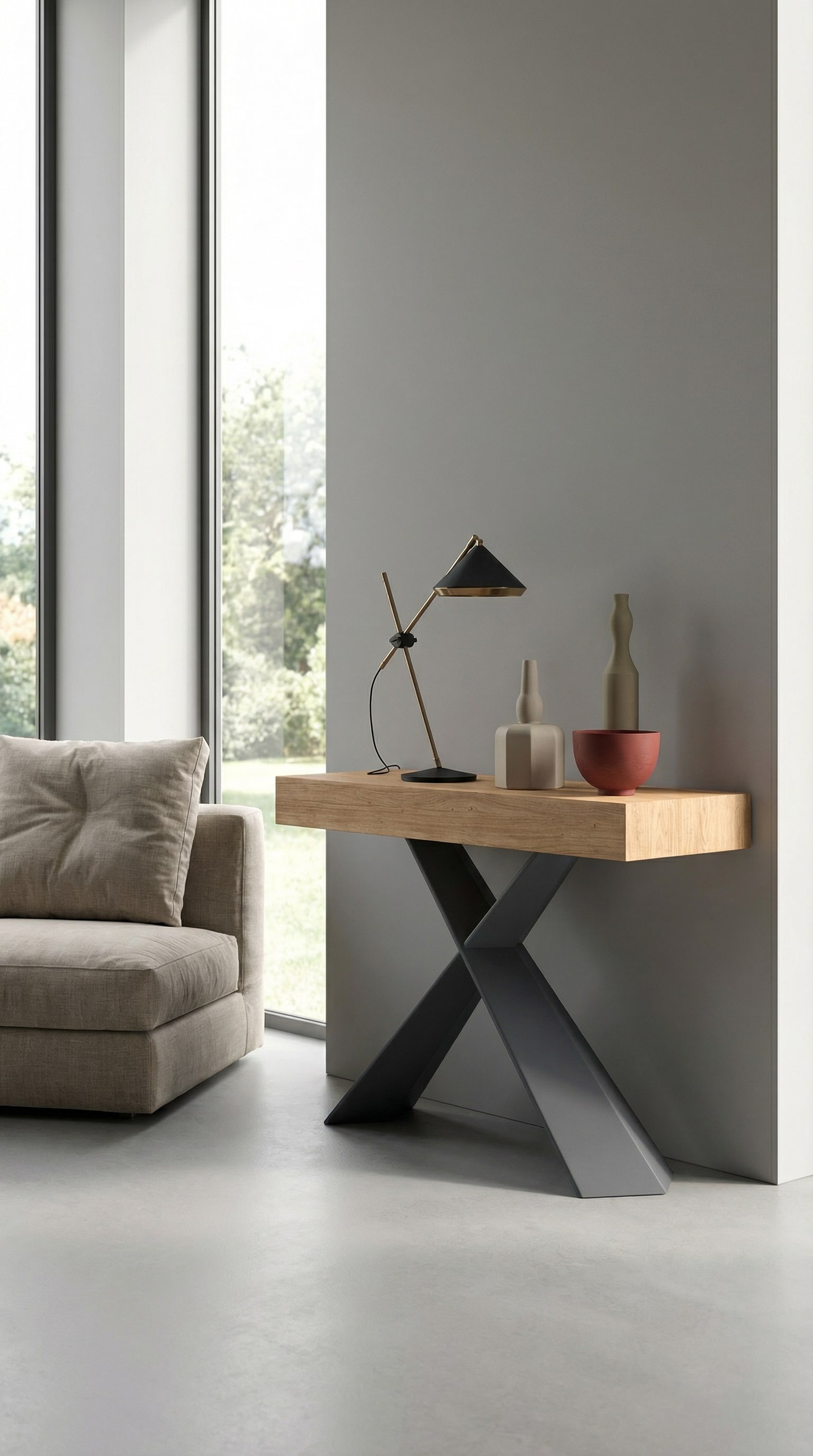 Die Ozzio Konsole 4you mit markantem Metall-Kreuzgestell als stilvoller, platzsparender Schreibtisch im modernen Wohnzimmer. Die Ozzio Konsole 4you mit markantem Metall-Kreuzgestell als stilvoller, platzsparender Schreibtisch im modernen Wohnzimmer.