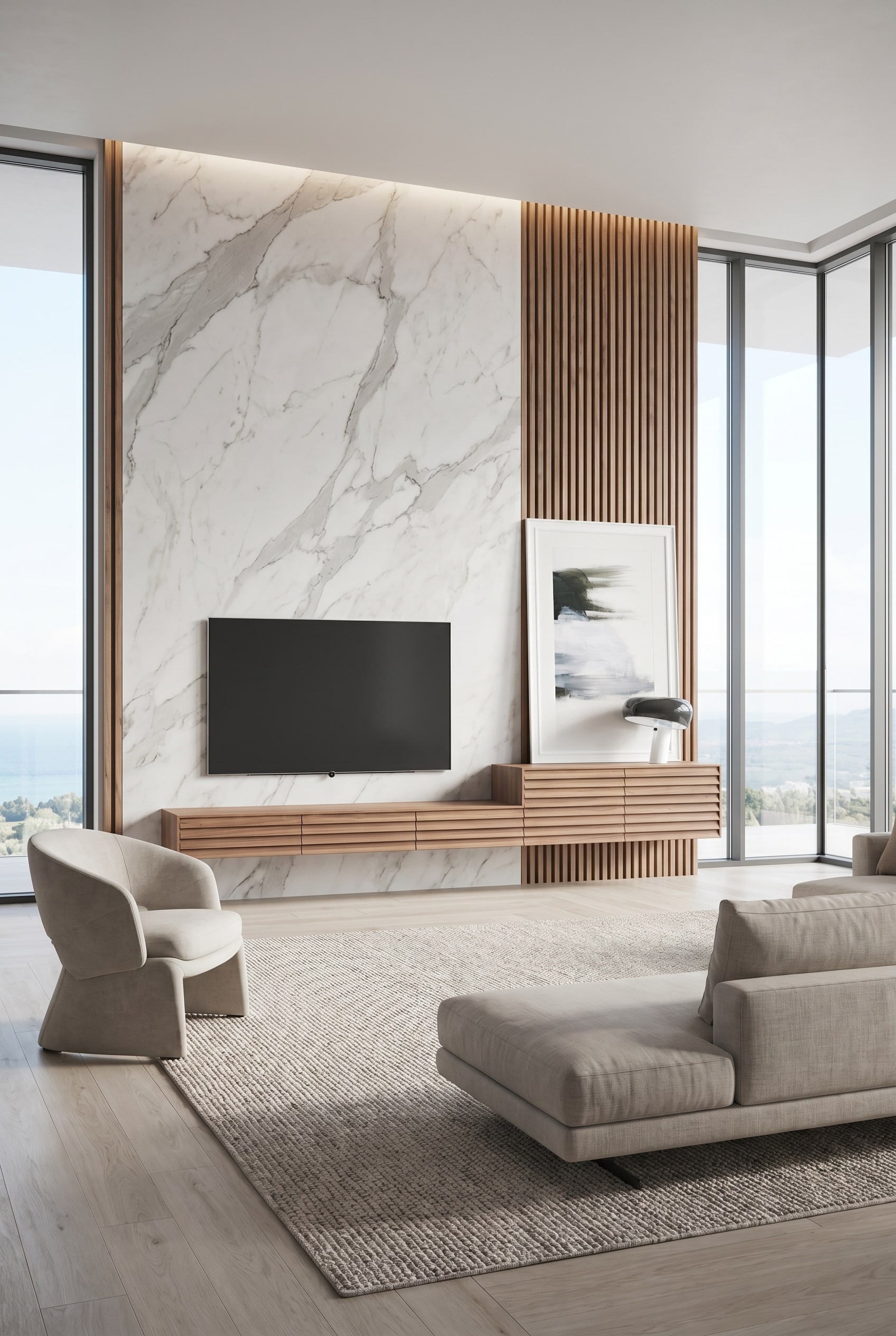 Schwebendes Holz-Lowboard mit Rillenfront neben vertikalen Marmor-Optik-Paneelen und gro&szlig;em Fernseher