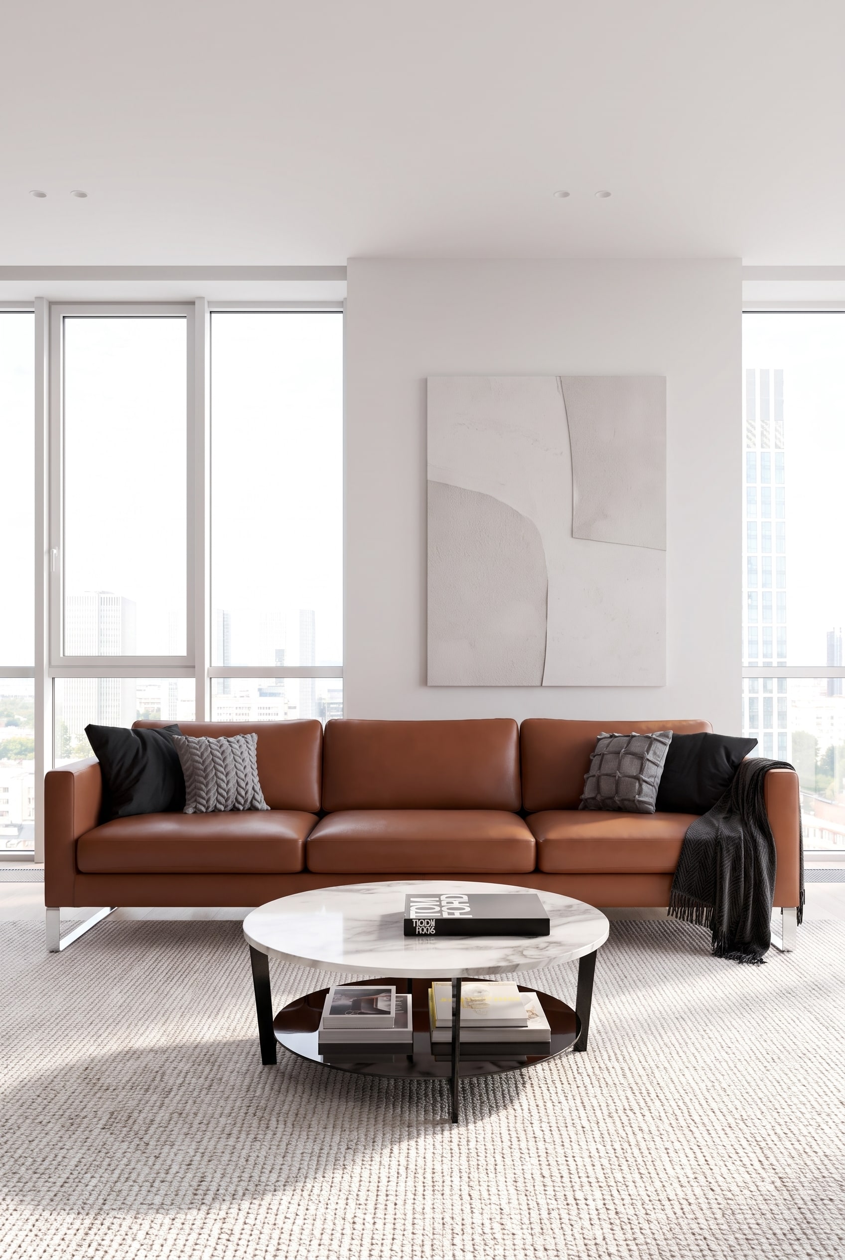 Edles Statement-Sofa aus schwarzem Leder freistehend im modernen Wohnzimmer positioniert.