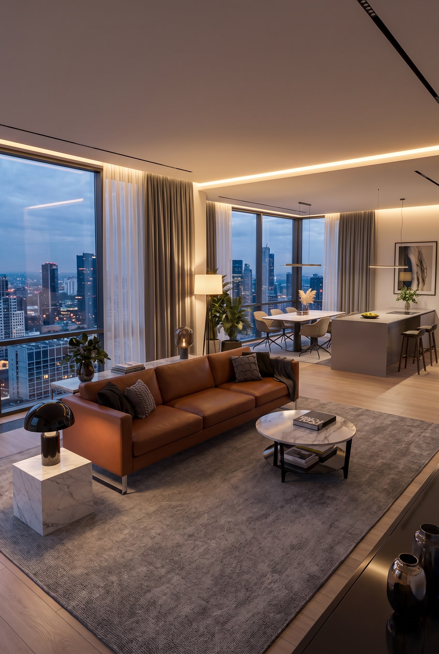 Wohnzimmer im Modern Italian Luxury Stil mit freistehendem Ledersofa in Cognacbraun