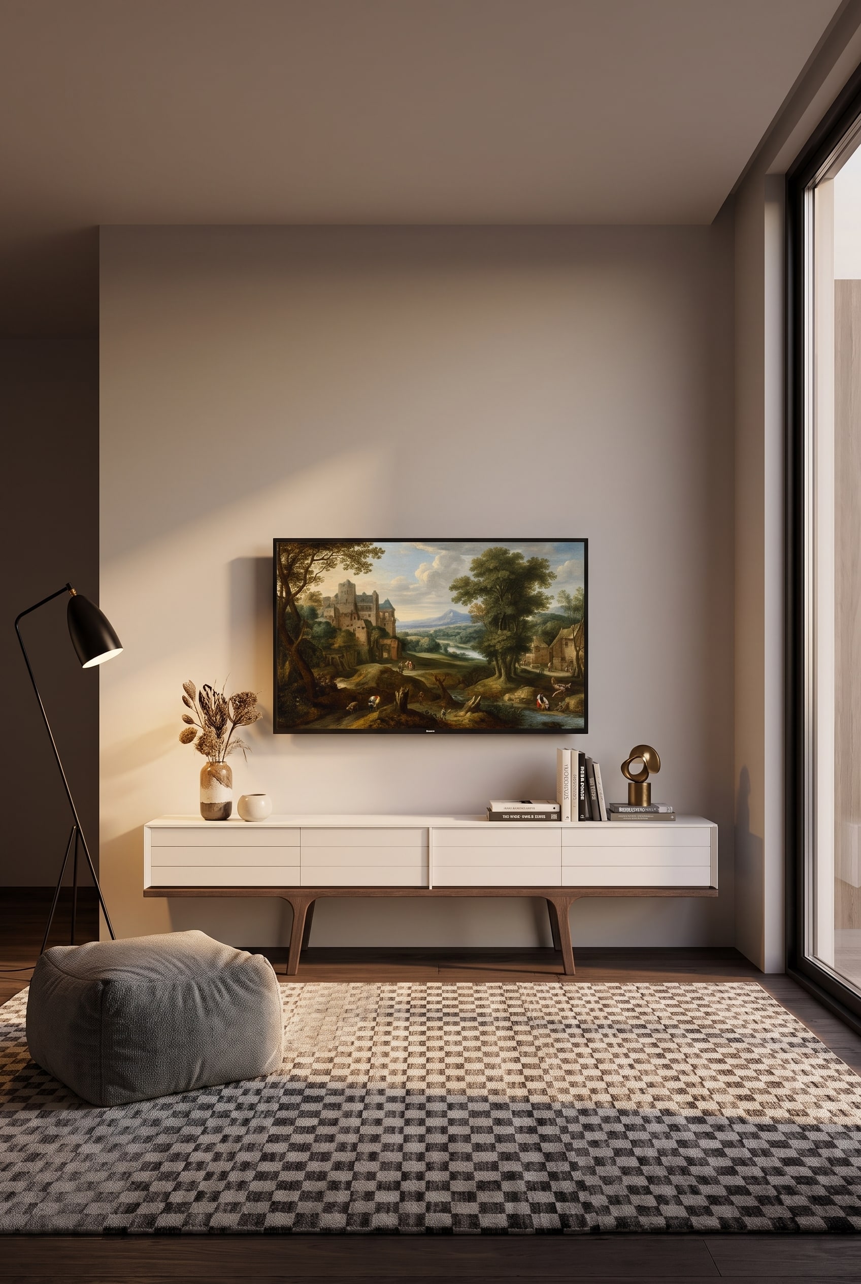 Wohnzimmer mit einem flachen Eichenholz-Sideboard, darüber ein Kunstbild mit exakt 20 cm Abstand zur Möbelkante