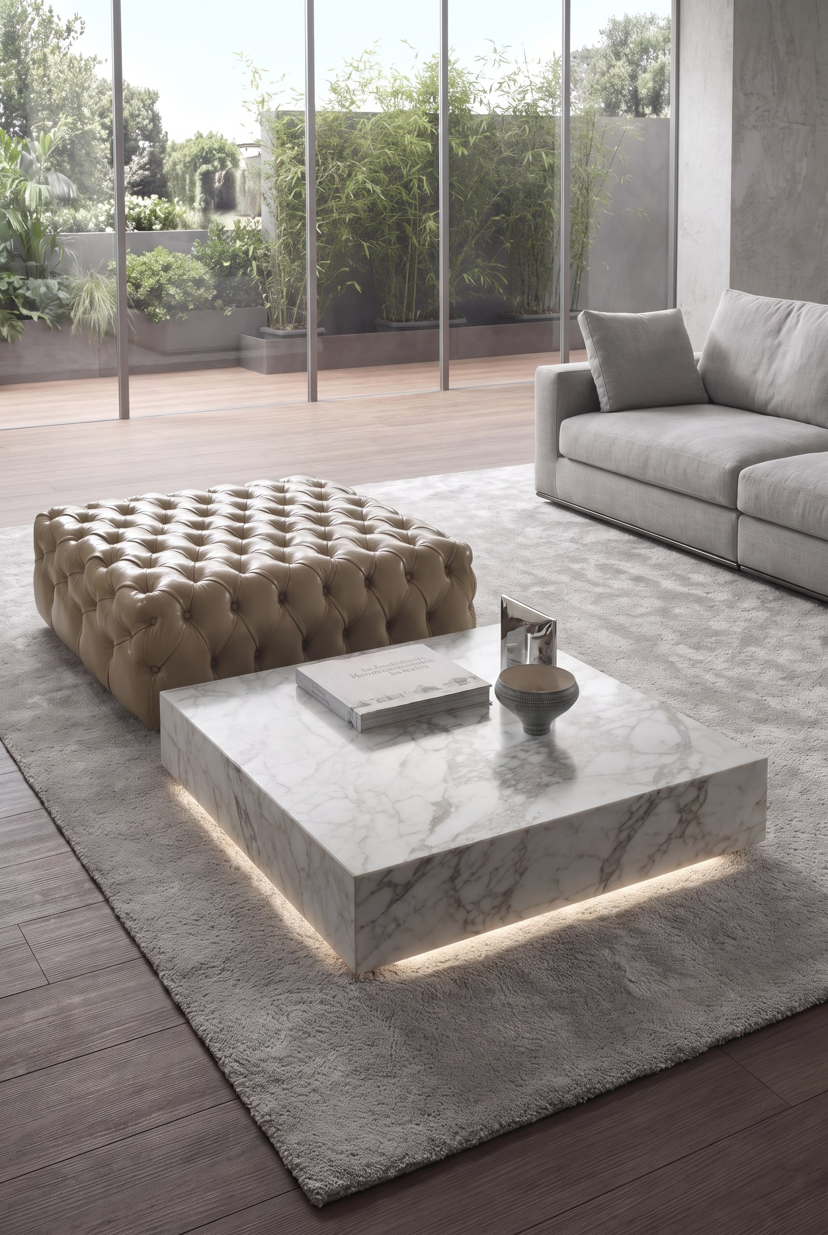 Luxuriöses Wohnzimmer mit massivem Marmor-Couchtisch und feinem Metallgestell