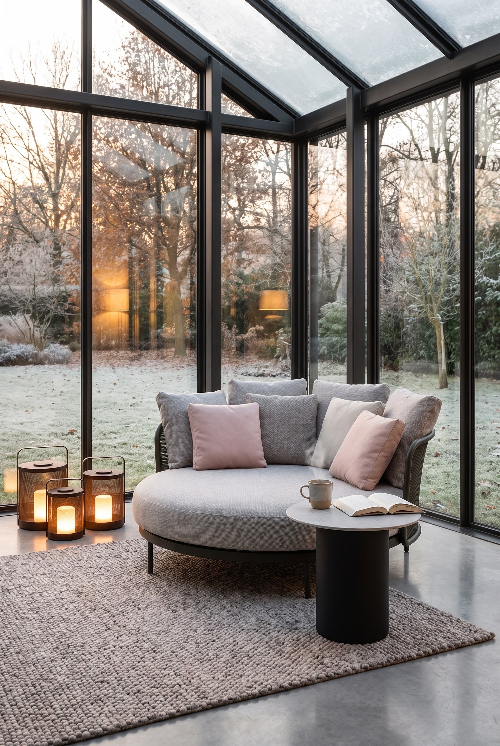 Rundes, gemütliches Daybed mit hellgrauem Bezug und vielen strukturierten Kissen in einer Ecke des Wintergartens. Daneben ein kleiner Beistelltisch mit Teetasse.
