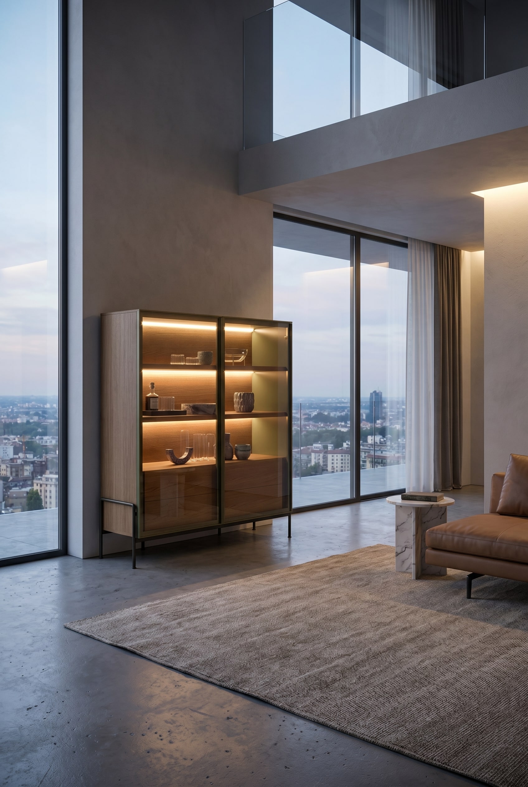 Modern living room with an oak highboard with bronzed glass doors, in which horizontal LED light strips illuminate an arrangement of ceramic vases without glare